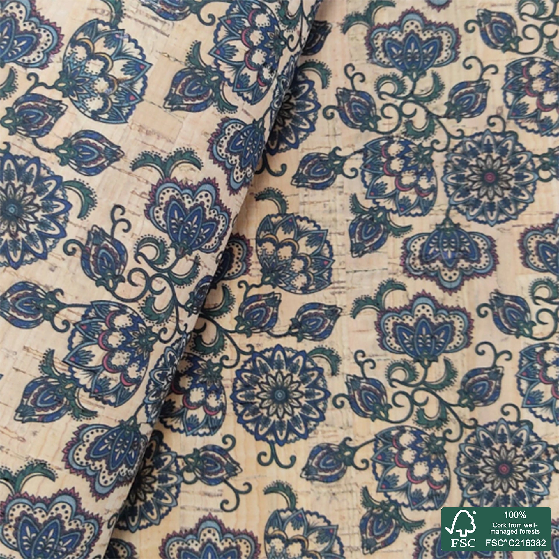 Flowers printed pattern on natural cork fabric (111)