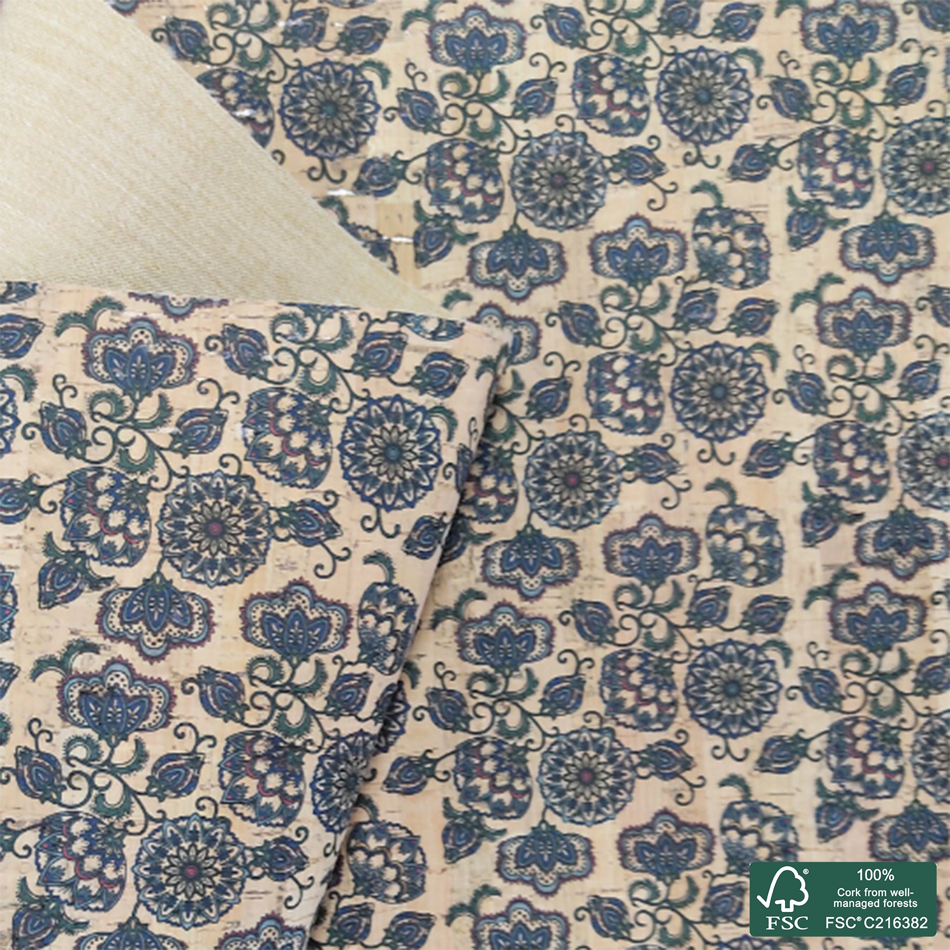 Flowers printed pattern on natural cork fabric (111)