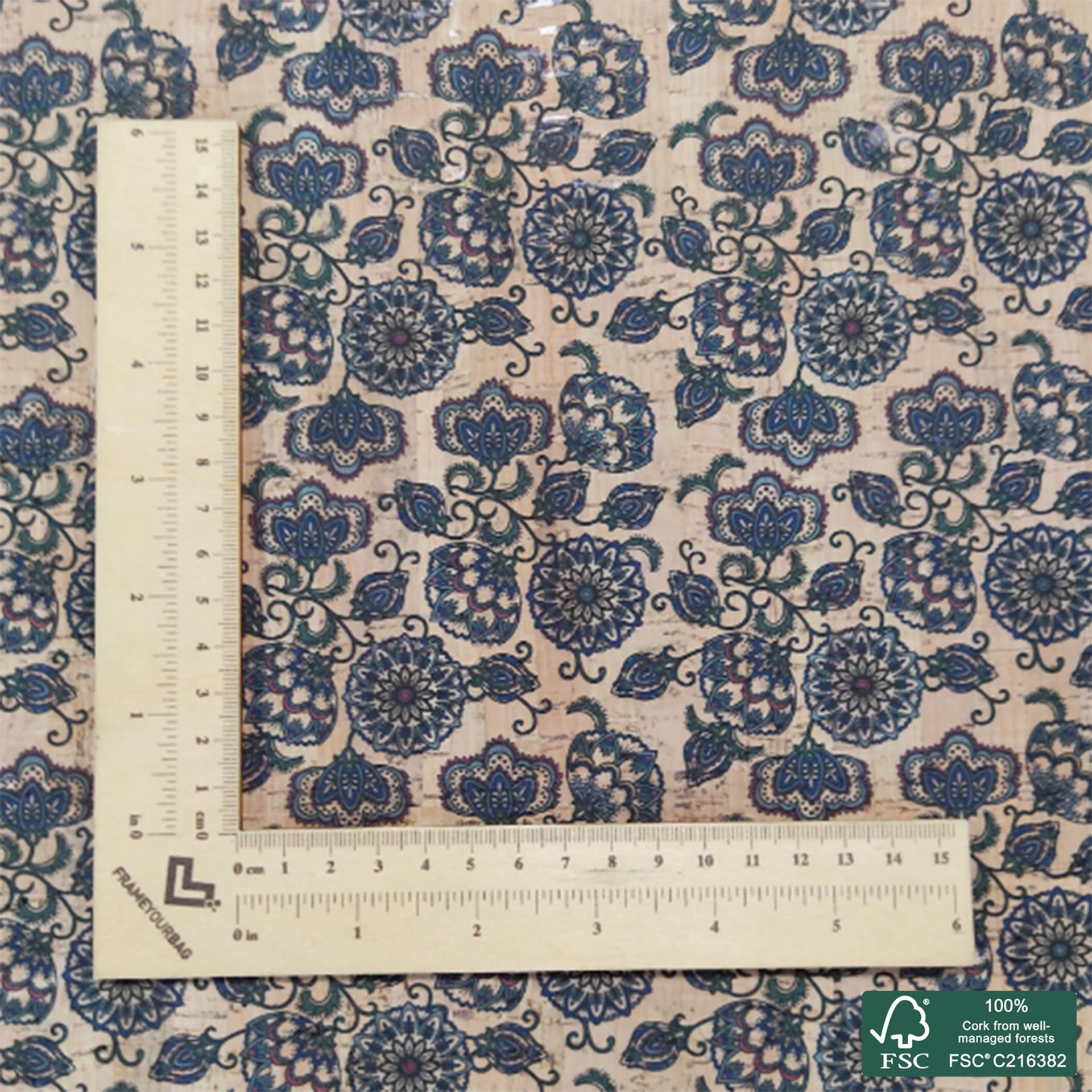 Flowers printed pattern on natural cork fabric (111)