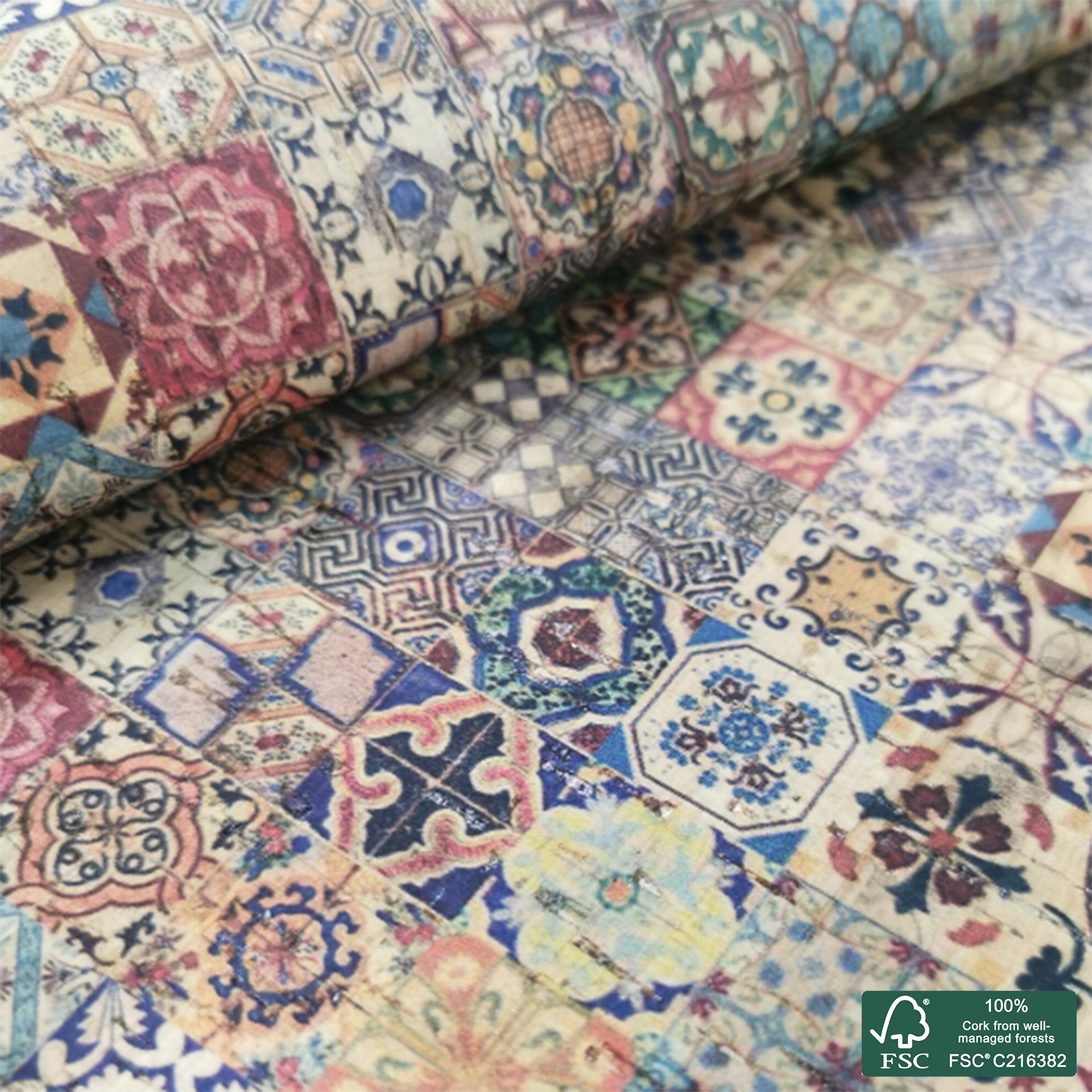 Tiles printed pattern on natural cork fabric (114)