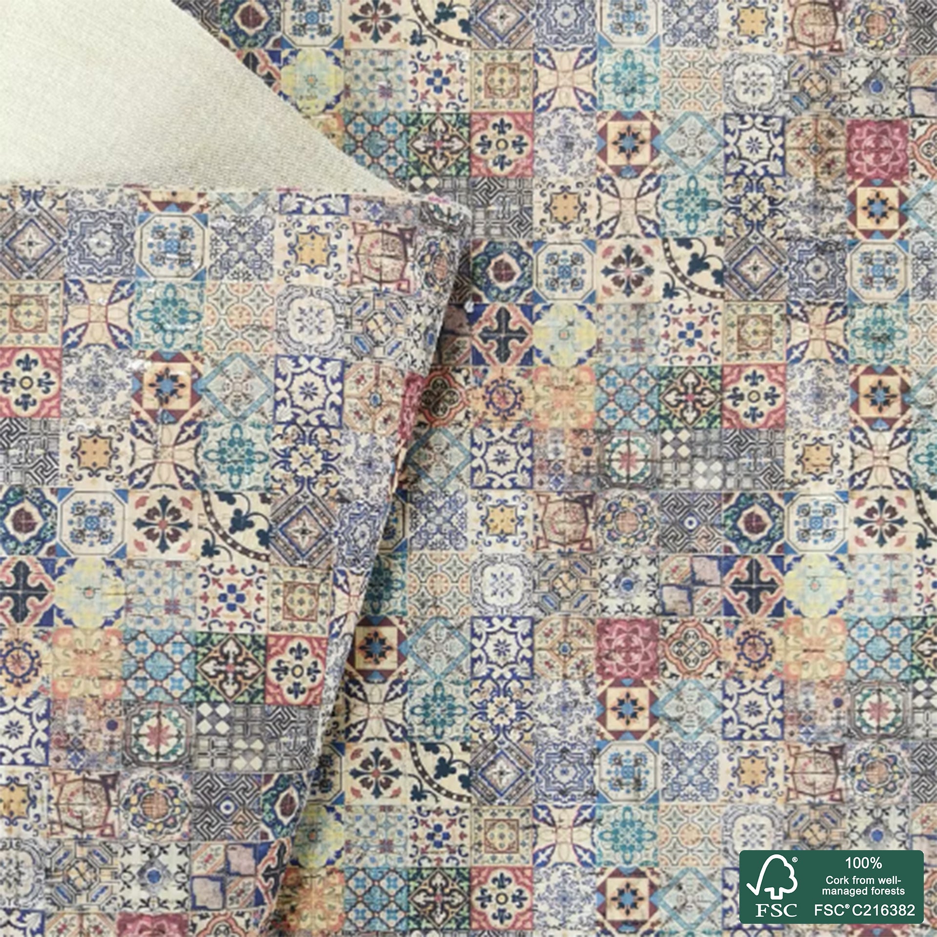 Tiles printed pattern on natural cork fabric (114)