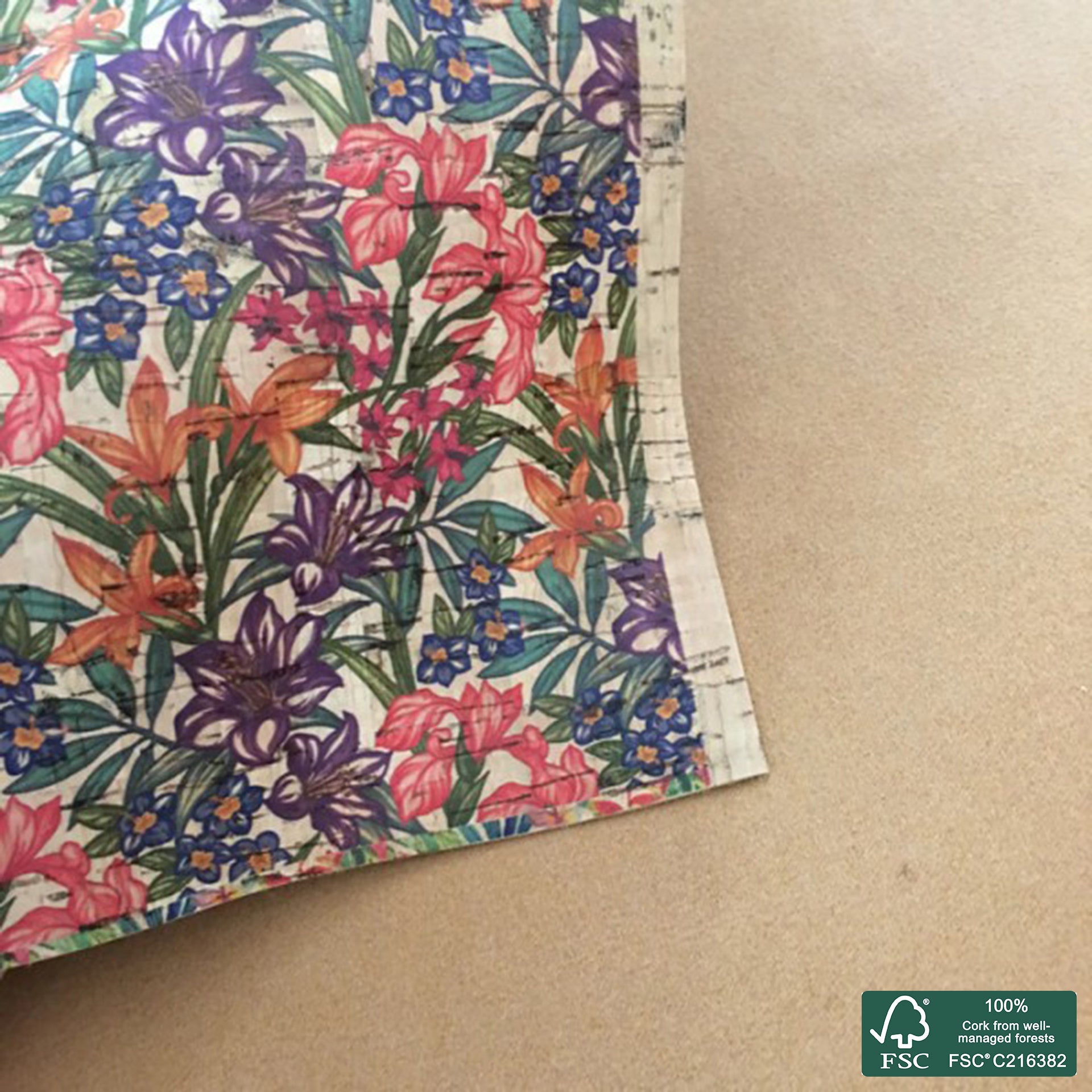 Flowers printed pattern on natural cork fabric (115)