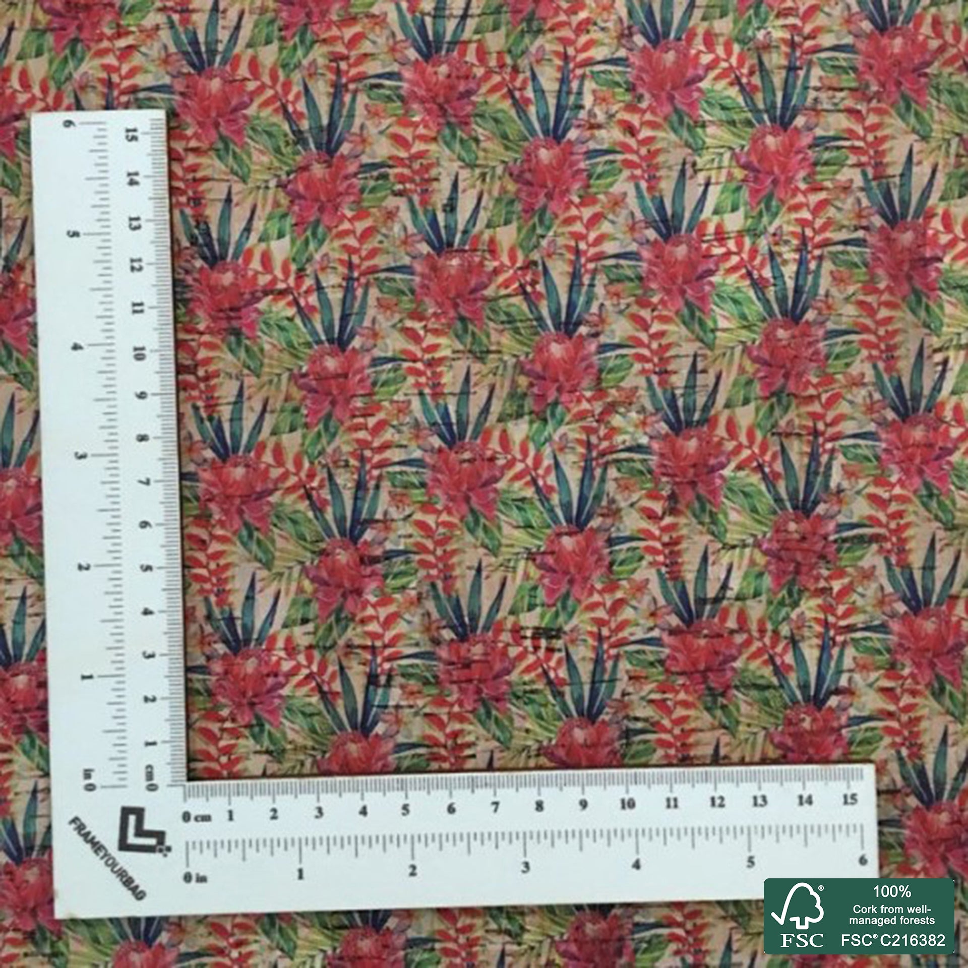 Flowers printed pattern on natural cork fabric (116)