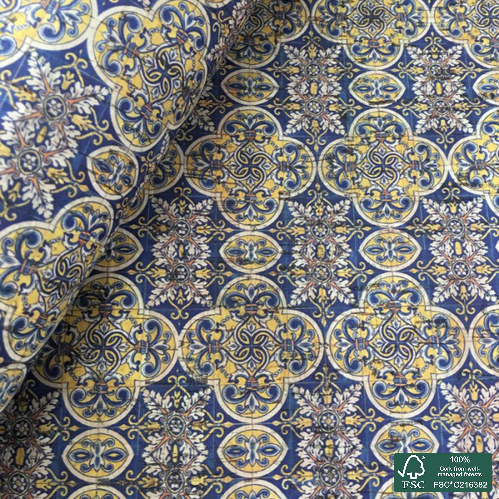 Tiles printed pattern on natural cork fabric (117)