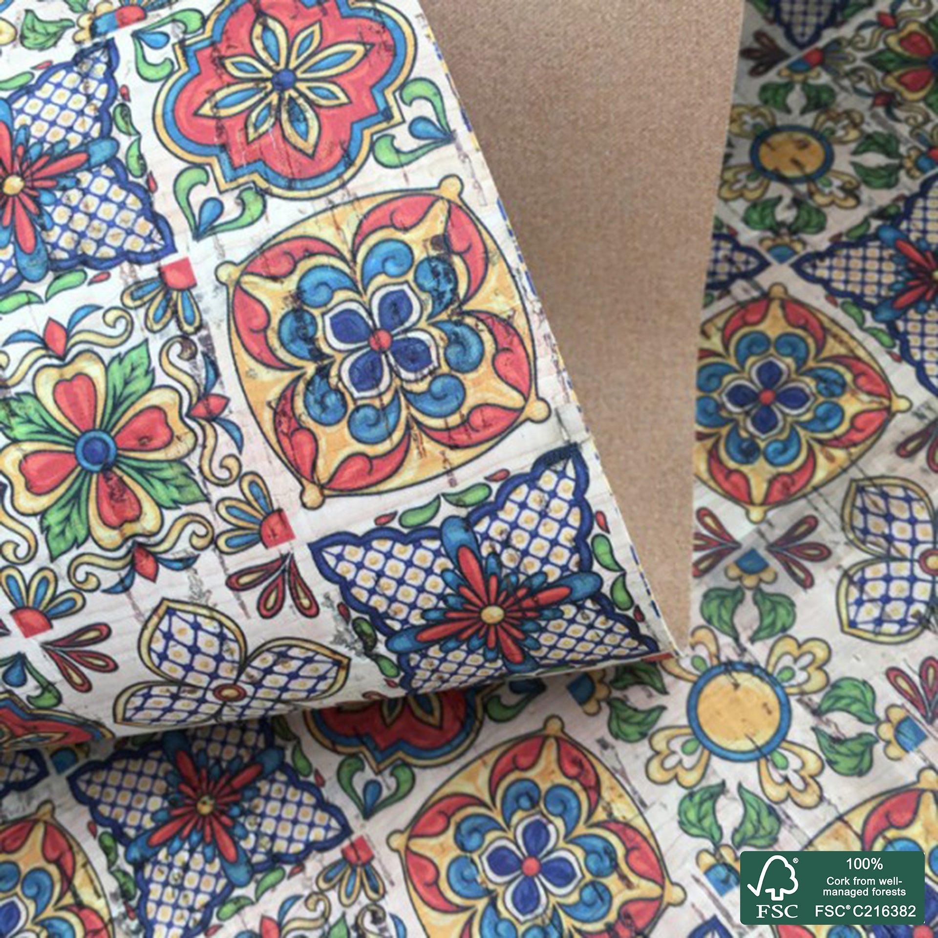 Tiles printed pattern on natural cork fabric (118)