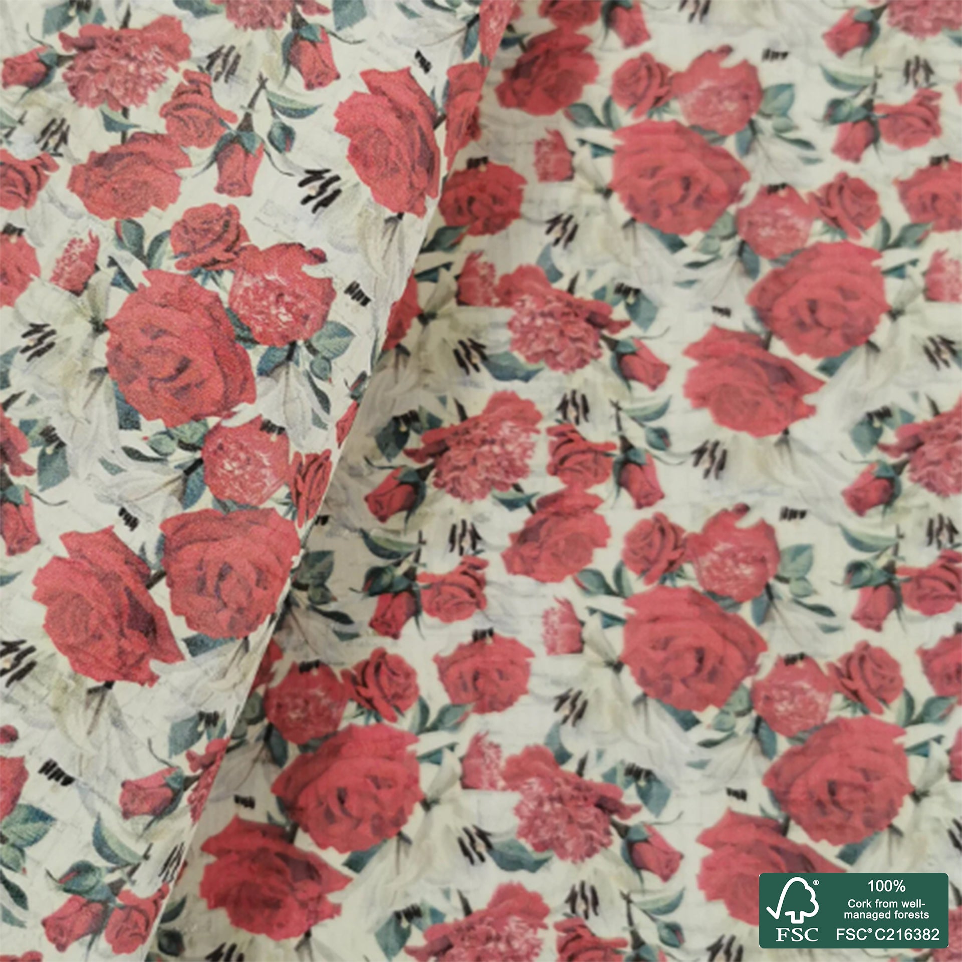 Flowers printed pattern on white cork fabric (119)