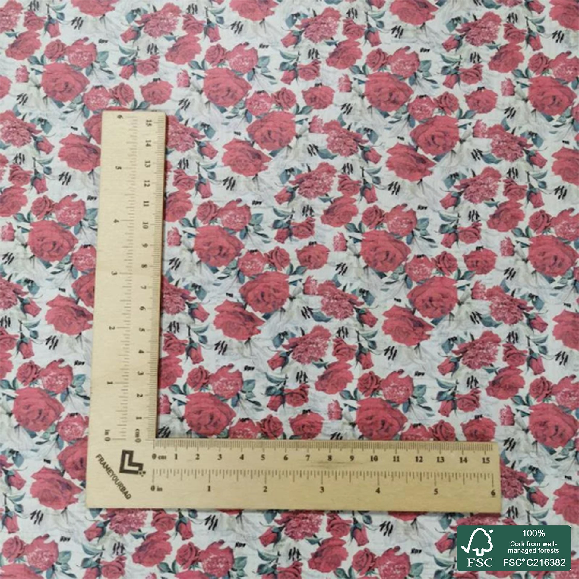 Flowers printed pattern on white cork fabric (119)
