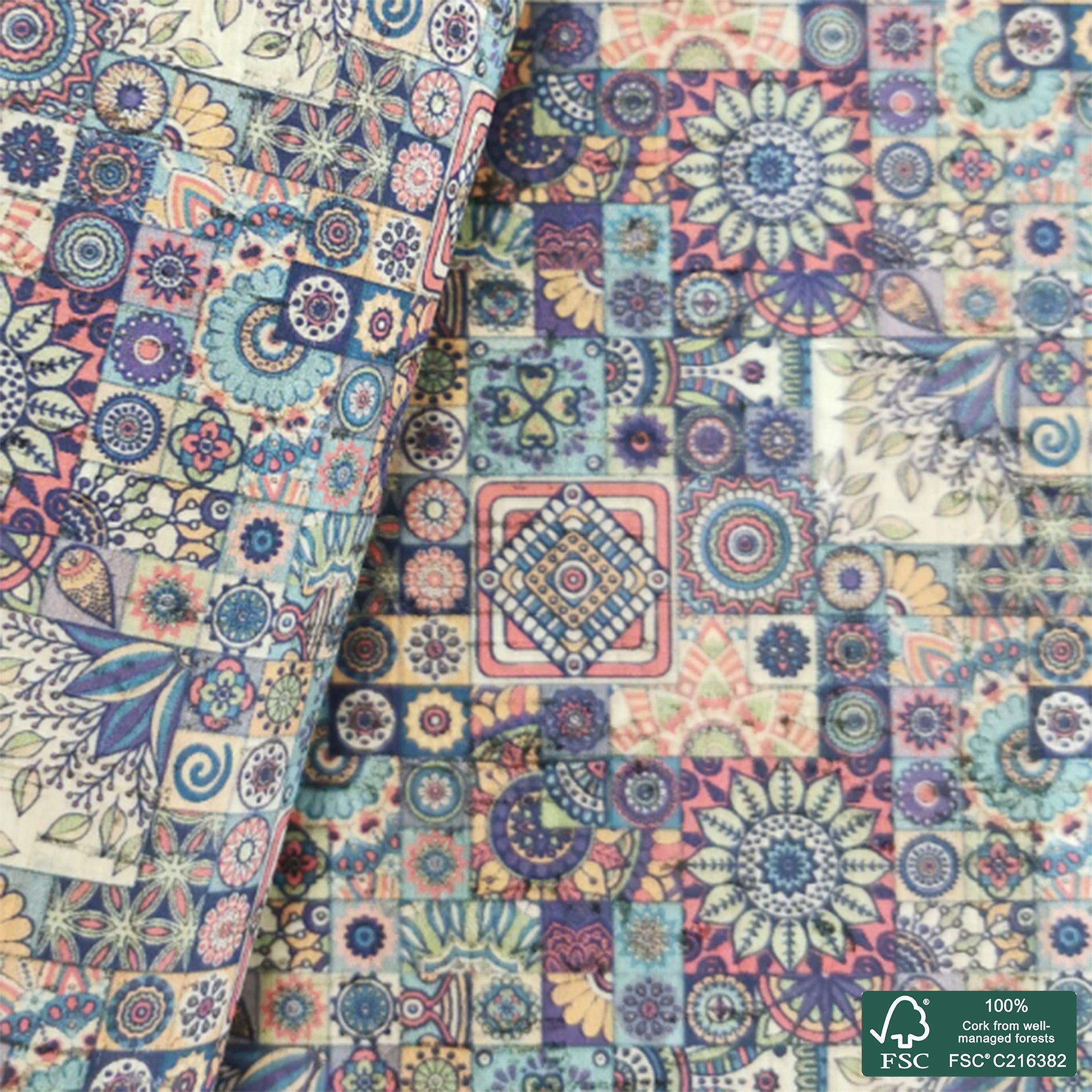 Tiles printed pattern on natural cork fabric (120)