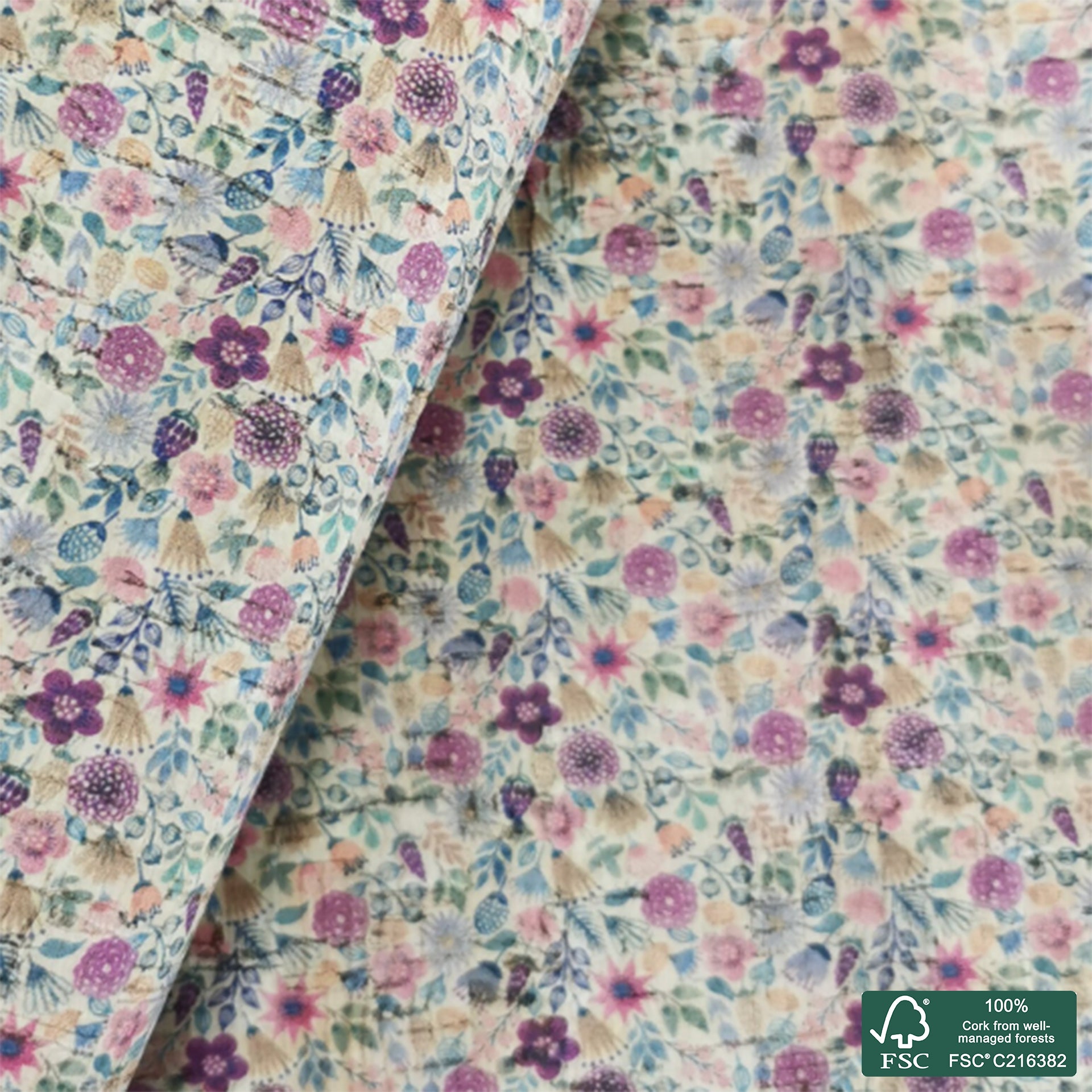 Flowers printed pattern on natural cork fabric (122)
