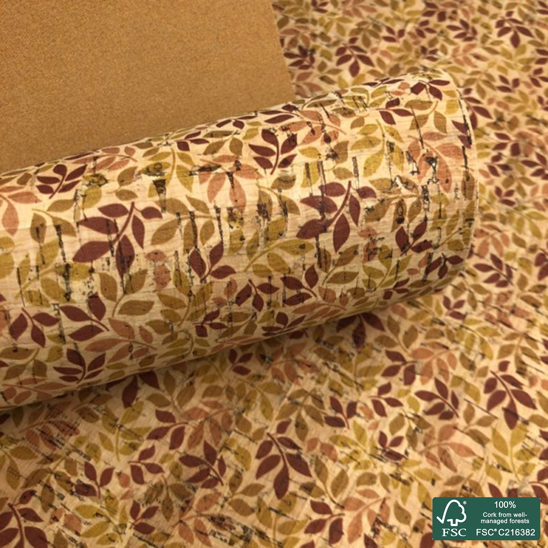 Leaves printed pattern on natural cork fabric (126)