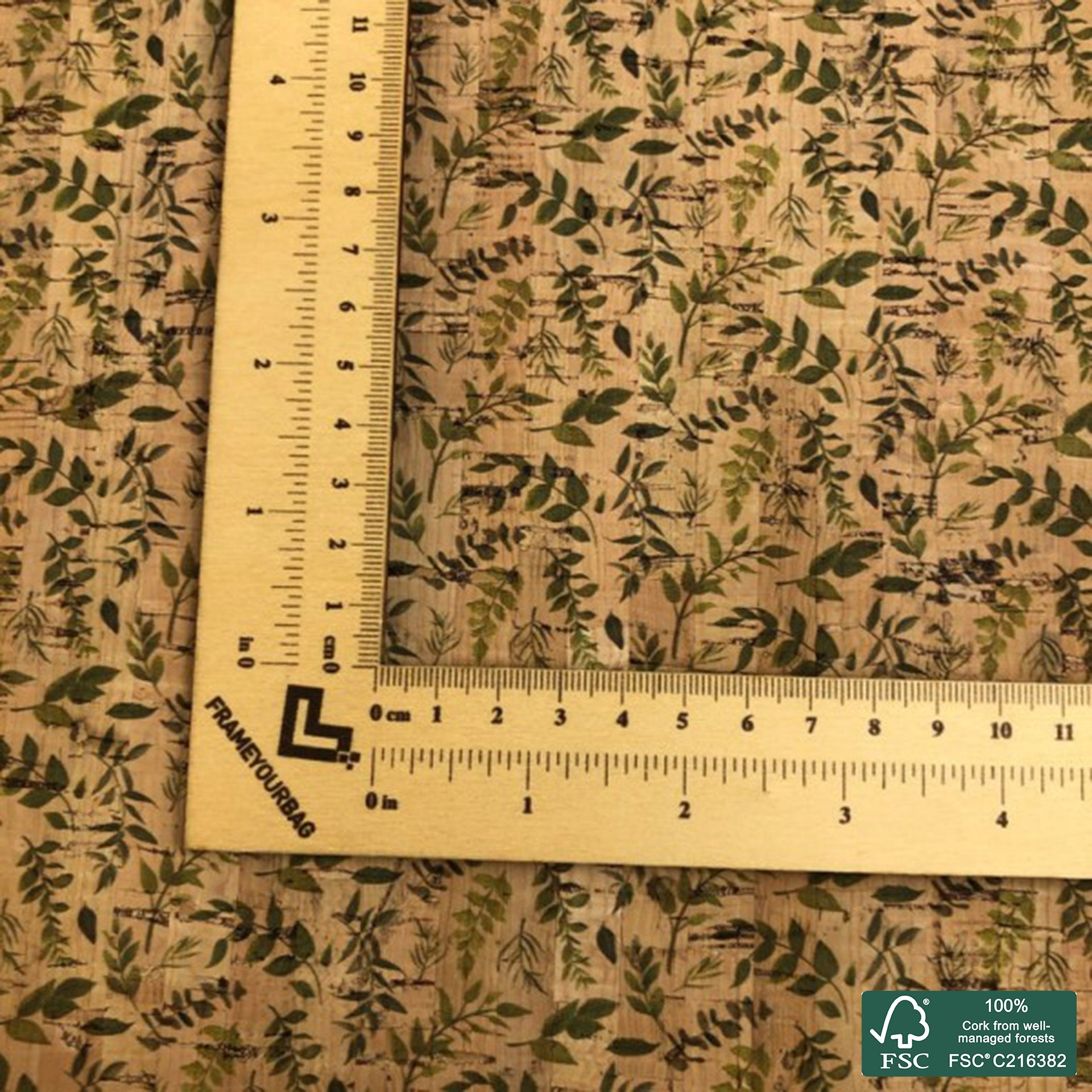 Leaves printed pattern on natural cork fabric (127)