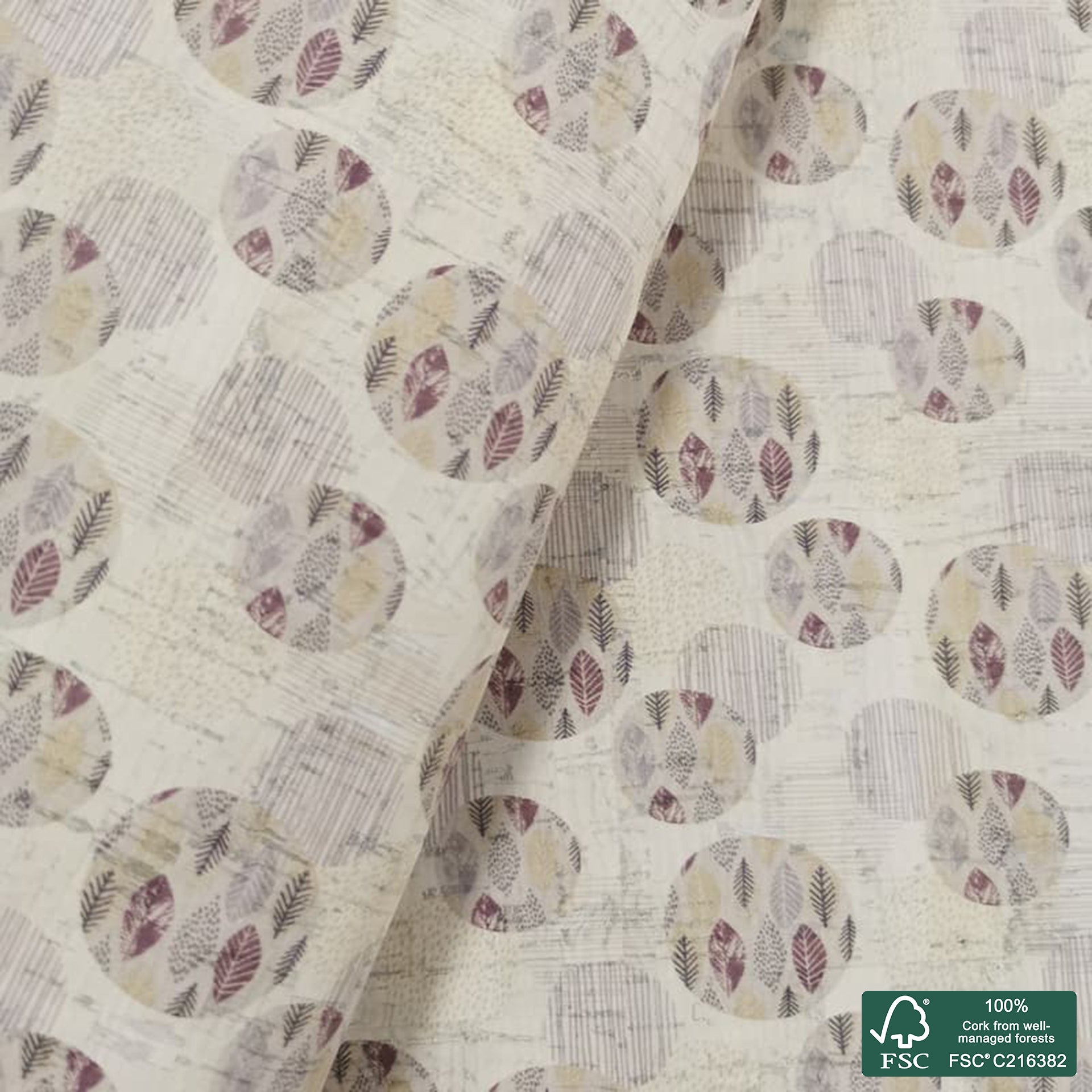 Leaves printed pattern on white cork fabric (135)