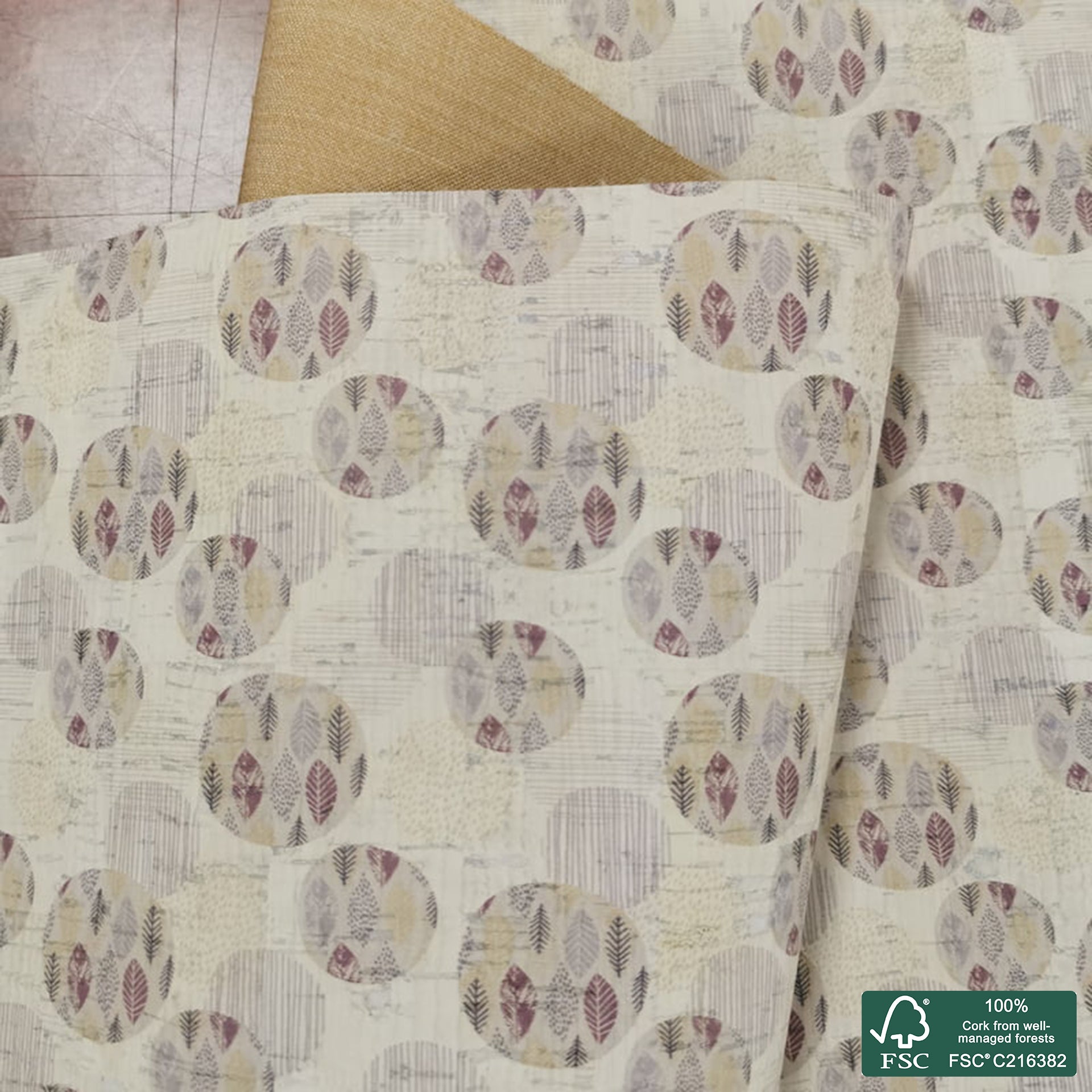 Leaves printed pattern on white cork fabric (135)