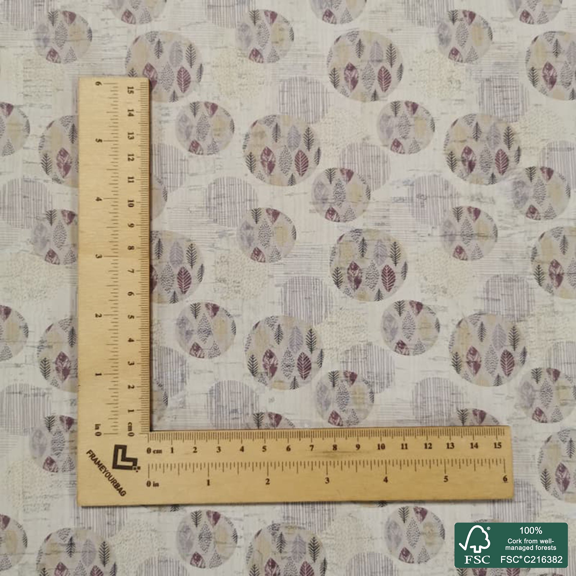 Leaves printed pattern on white cork fabric (135)