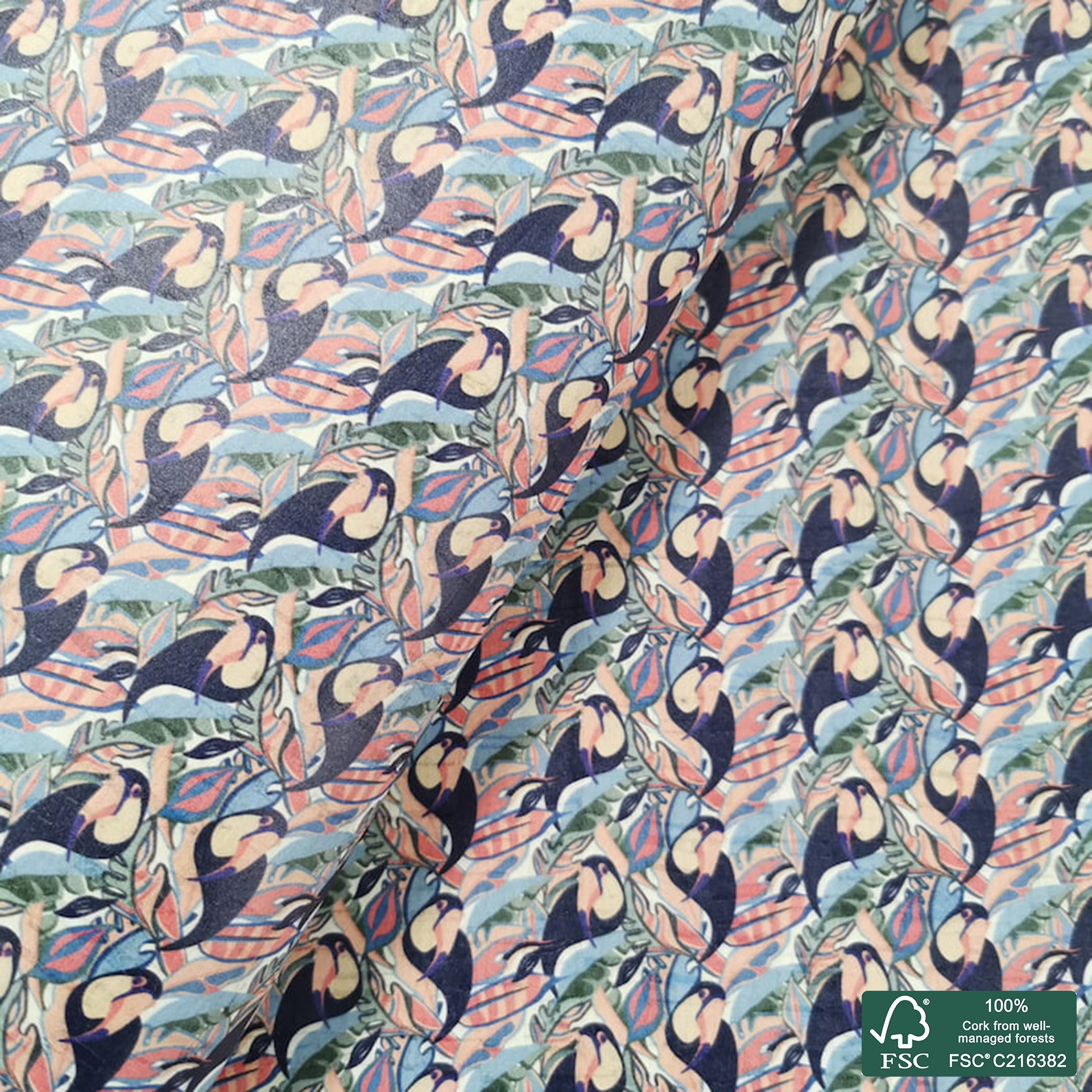 Leaves printed pattern on white cork fabric (137)