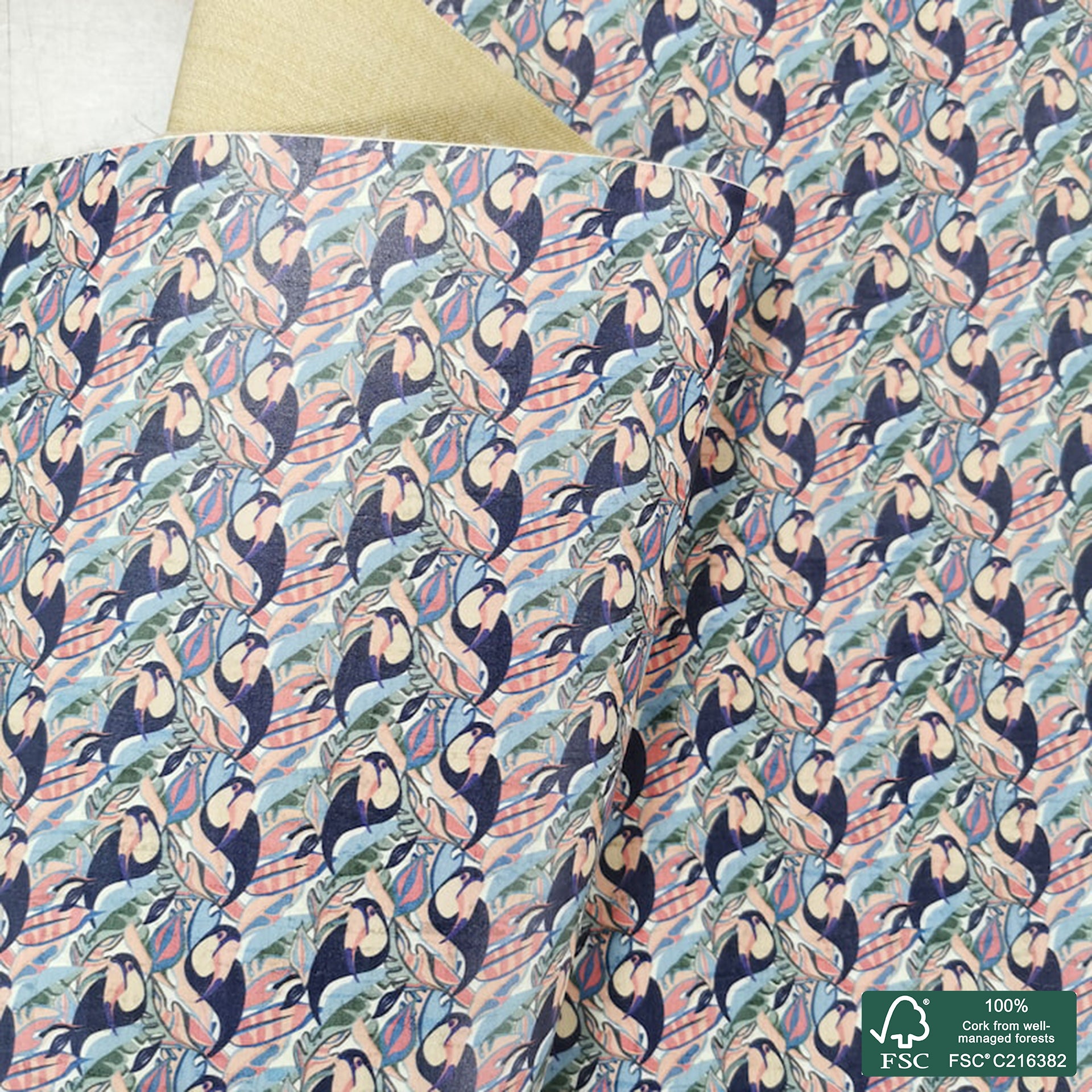 Leaves printed pattern on white cork fabric (137)