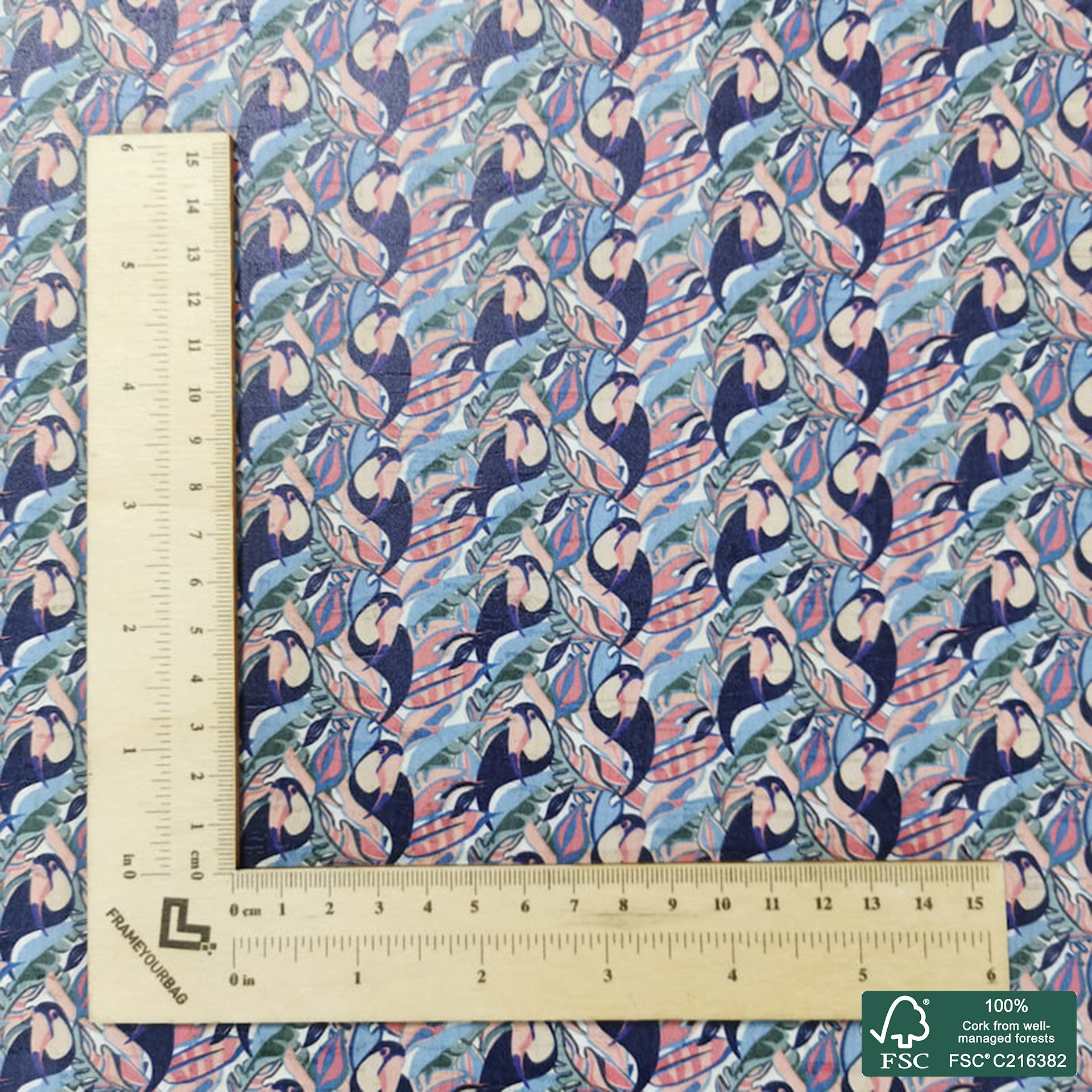 Leaves printed pattern on white cork fabric (137)