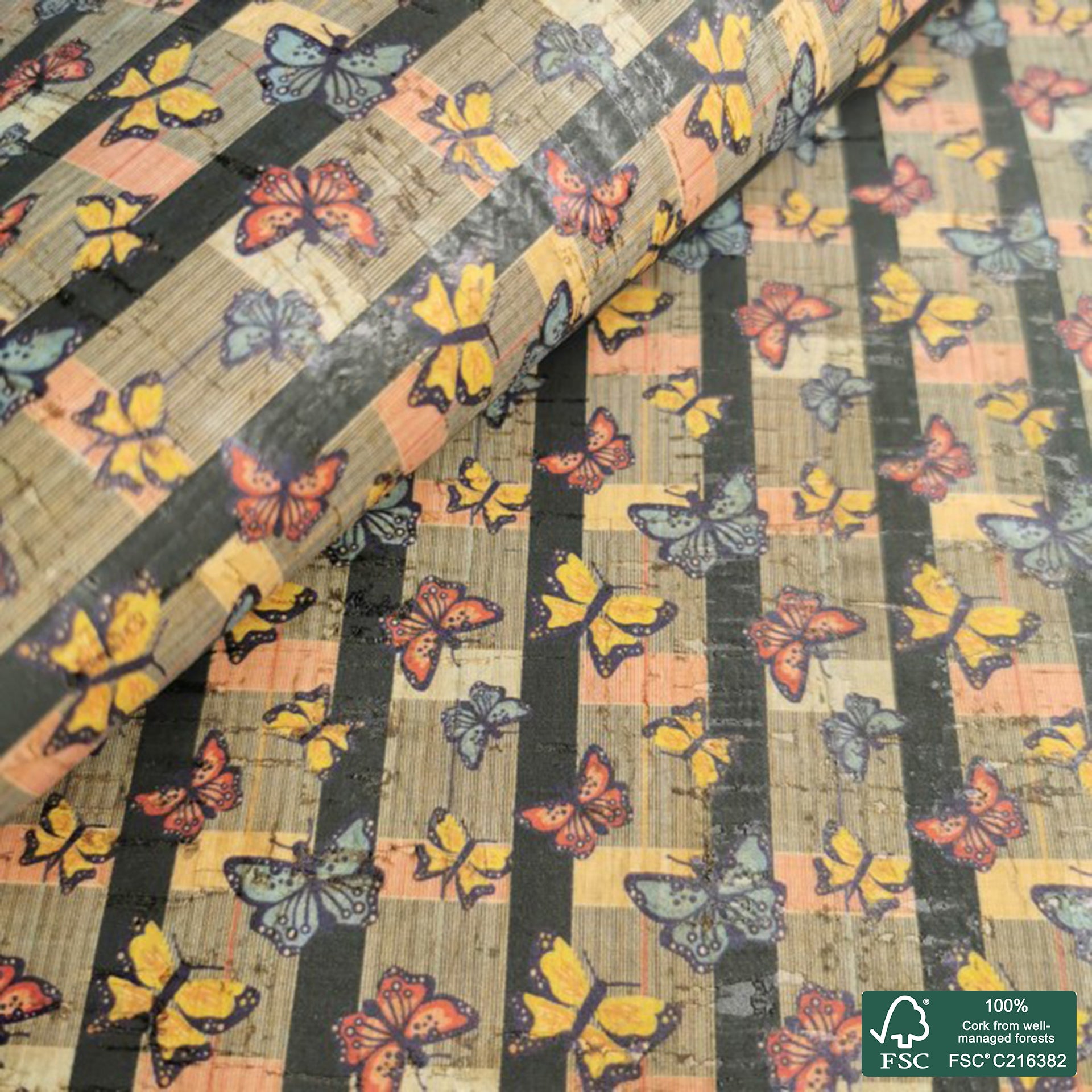 Butterflies printed pattern on natural cork fabric (141)