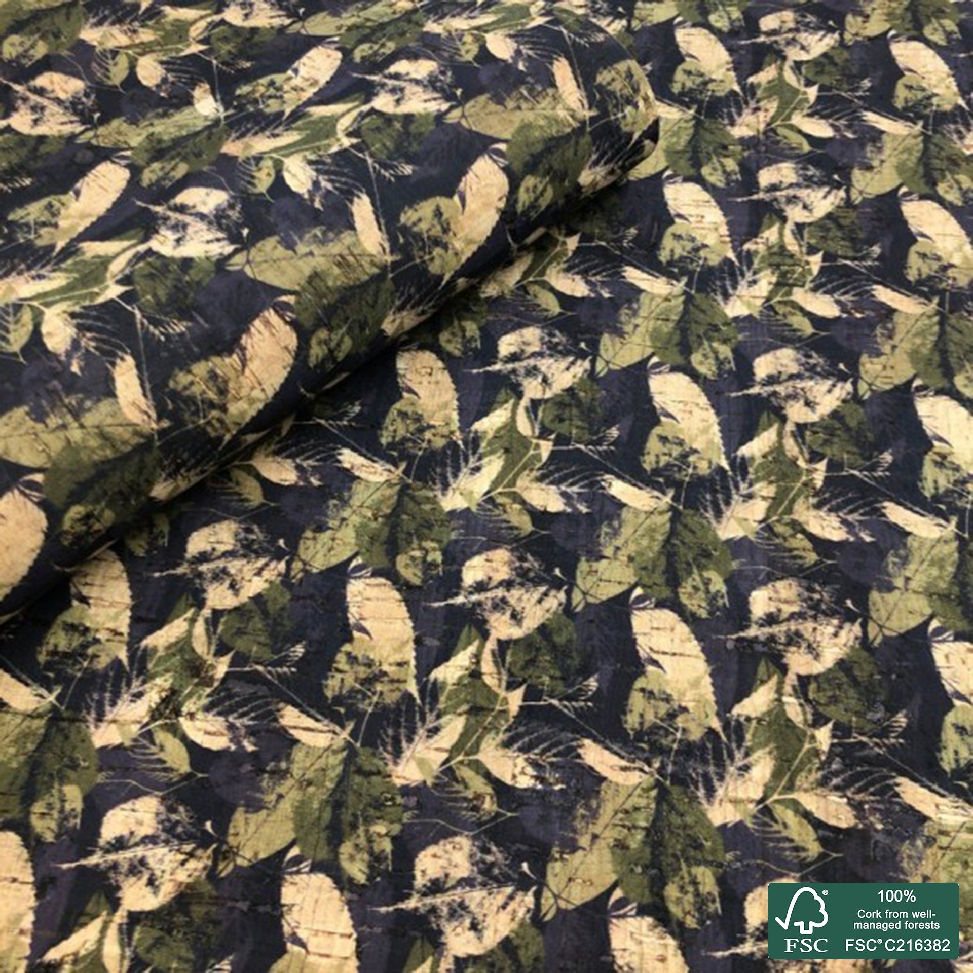 Leaves printed pattern on natural cork fabric (145)