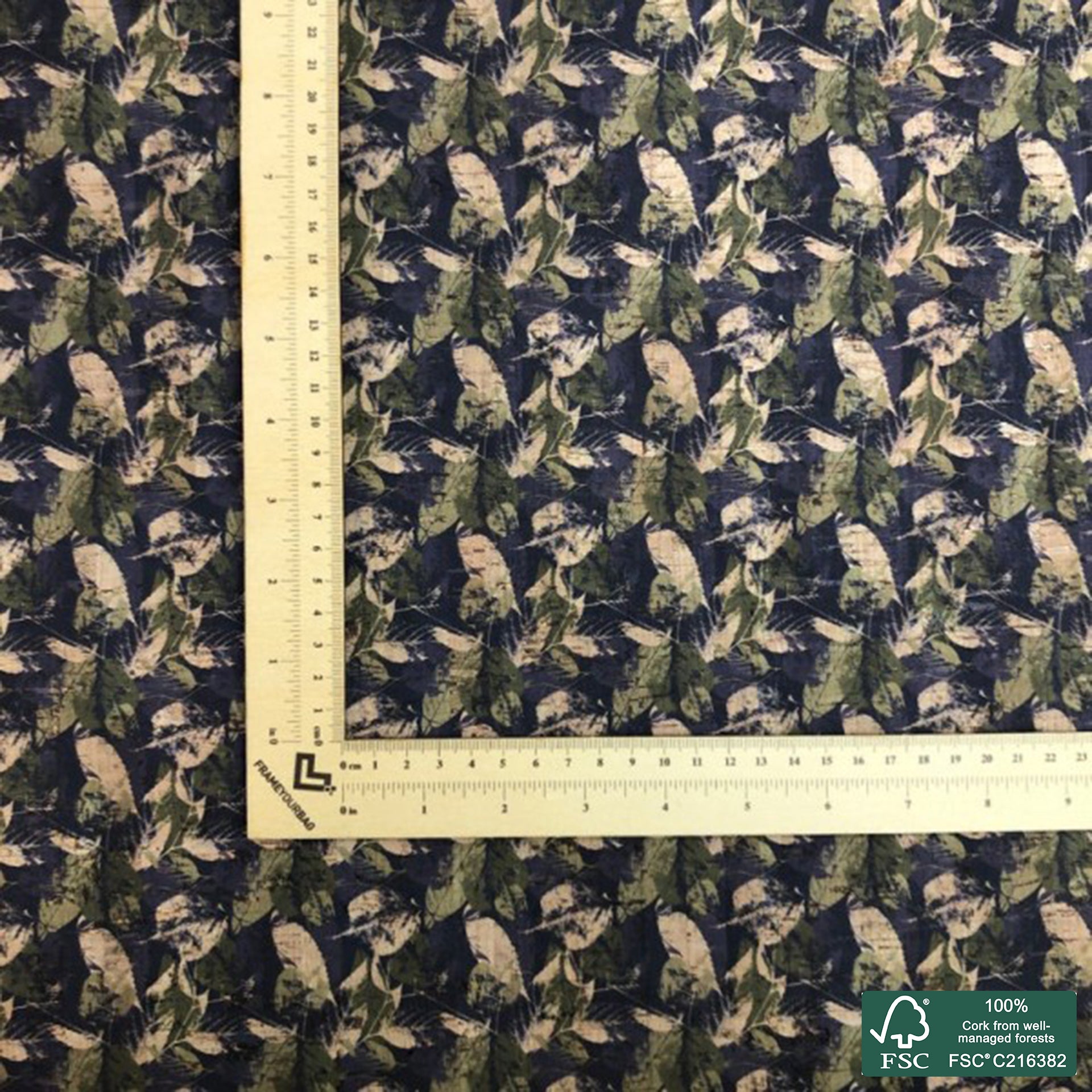 Leaves printed pattern on natural cork fabric (145)