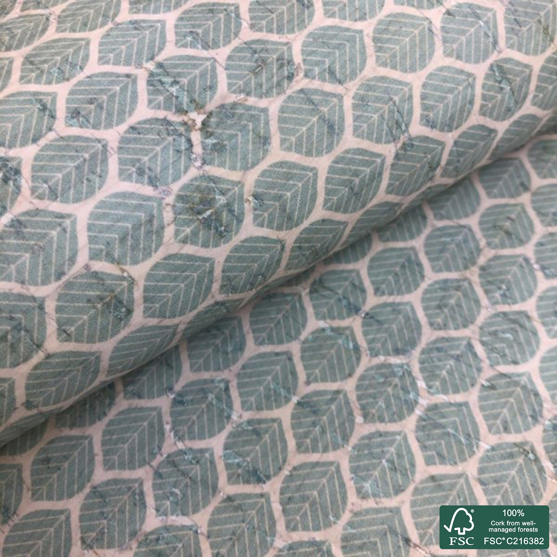 Leaves printed pattern on white cork fabric (147)