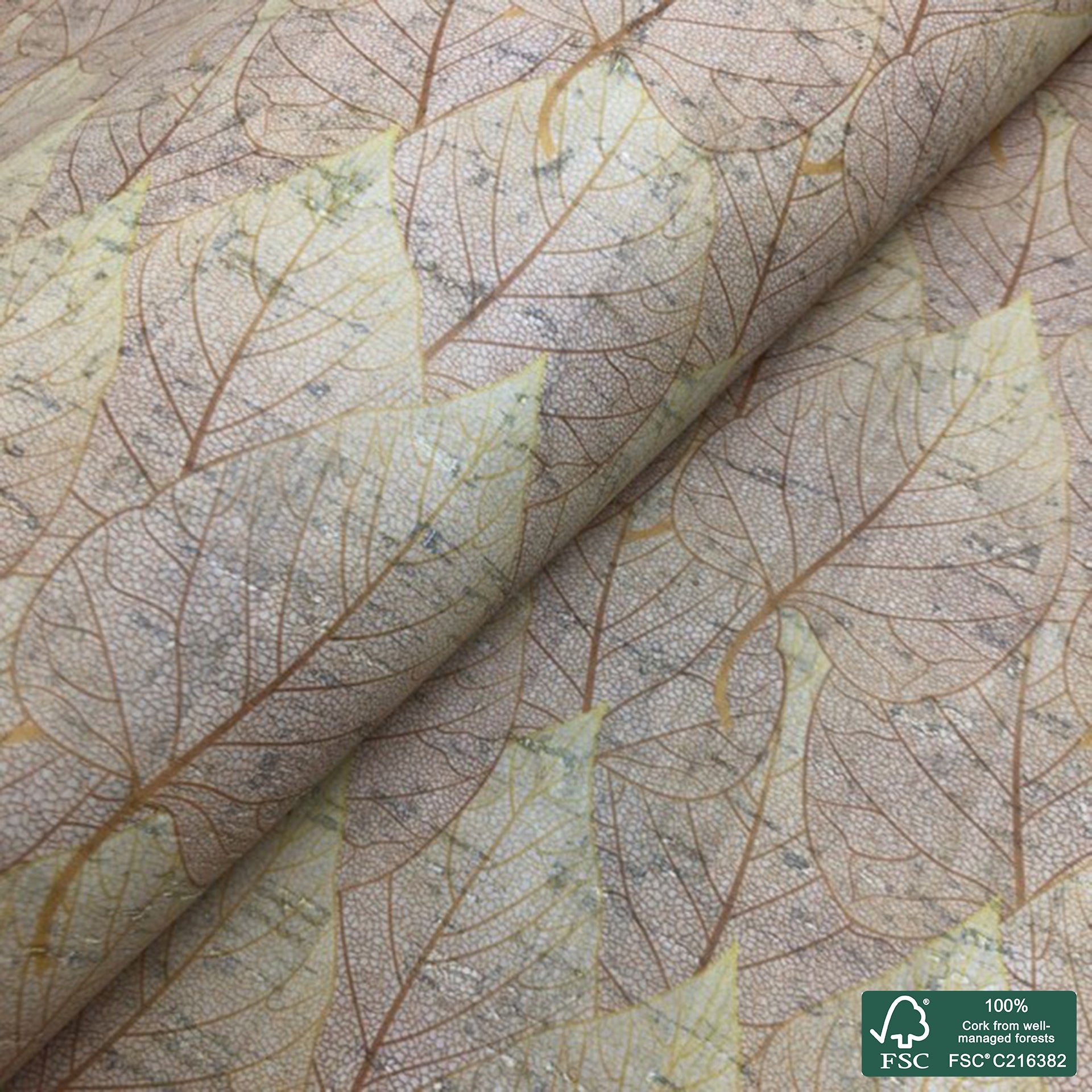 Leaves printed pattern on white cork fabric (149)