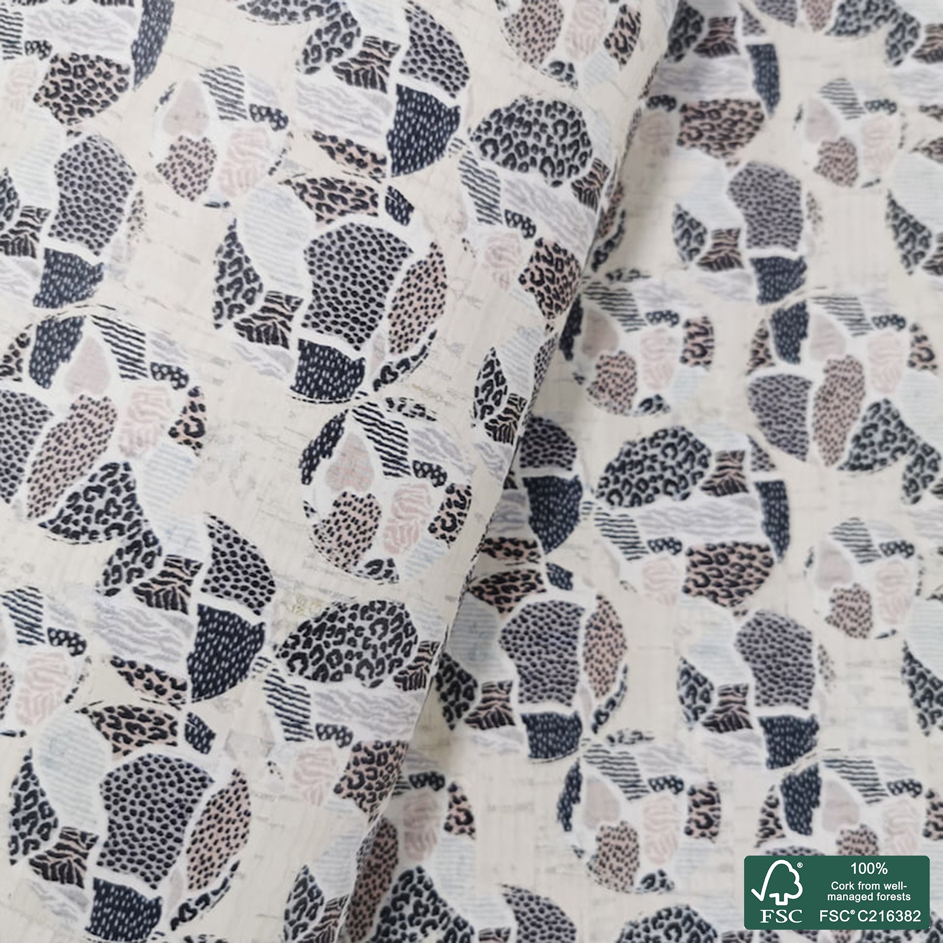 Leopard printed pattern on white cork fabric (153)
