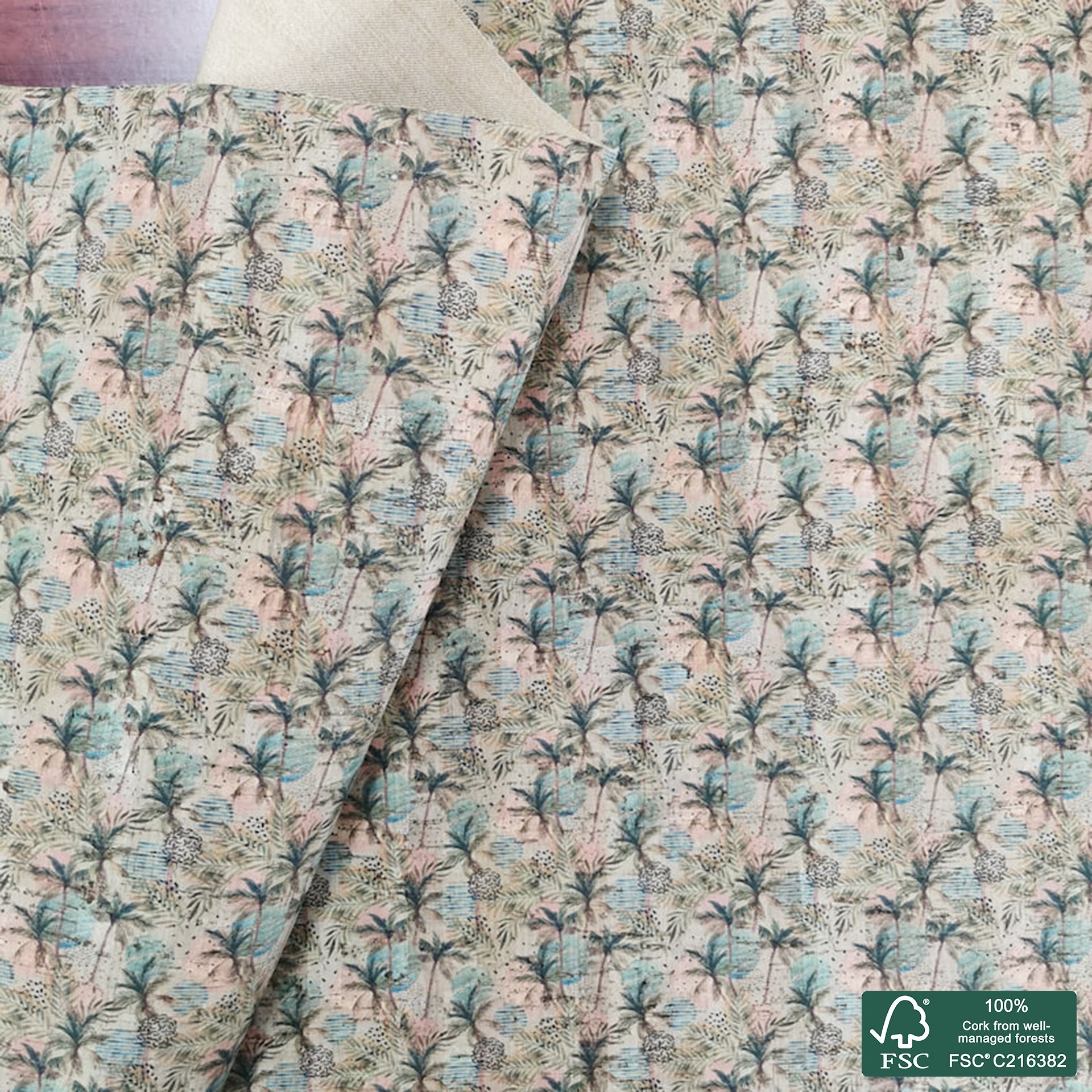 Tropical printed pattern on natural cork fabric (154)
