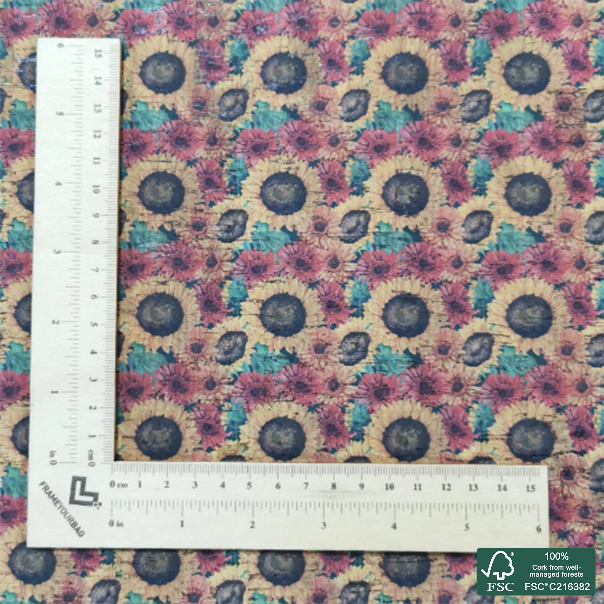 Sunflowers printed pattern on natural cork fabric (156)