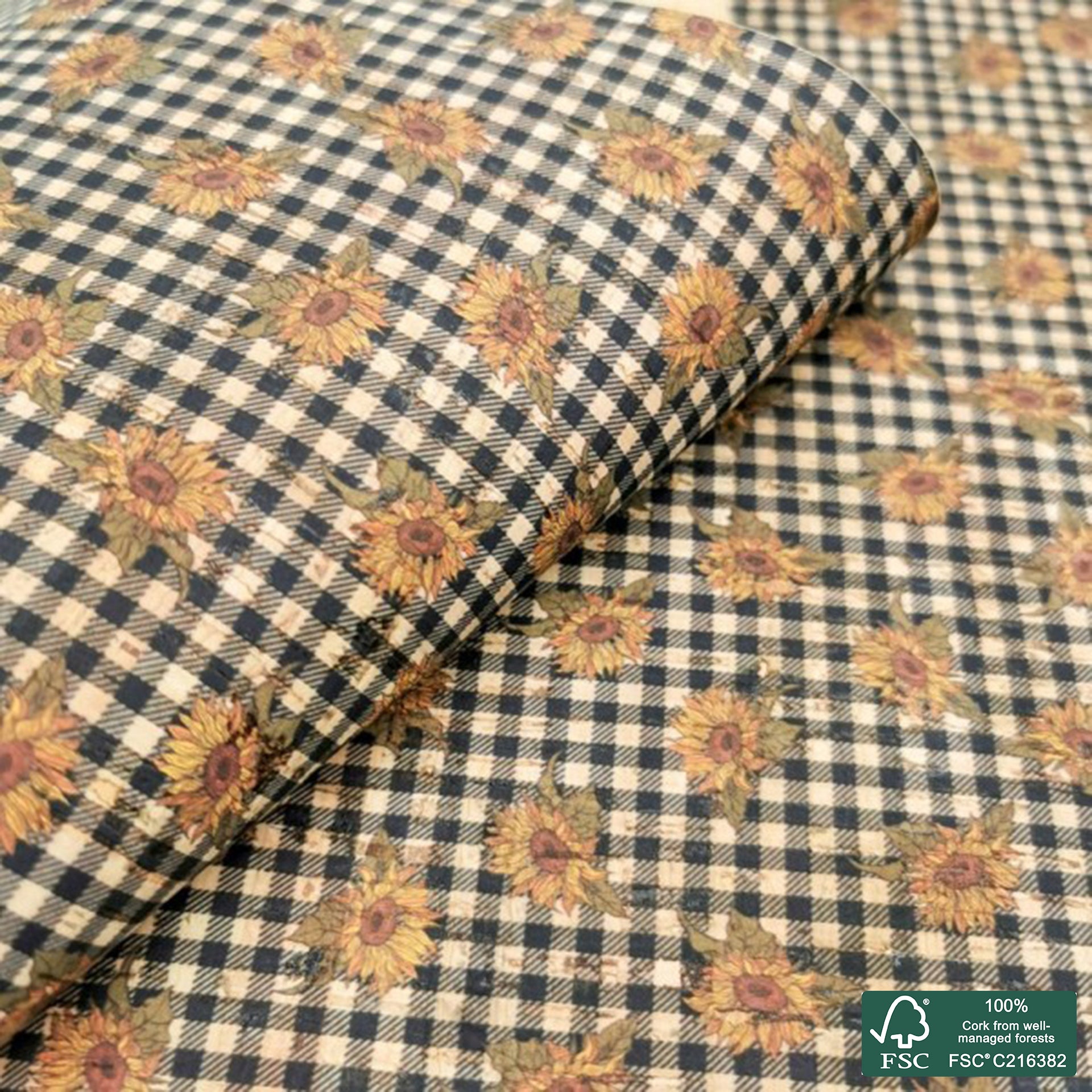 Sunflowers printed pattern on natural cork fabric (157)
