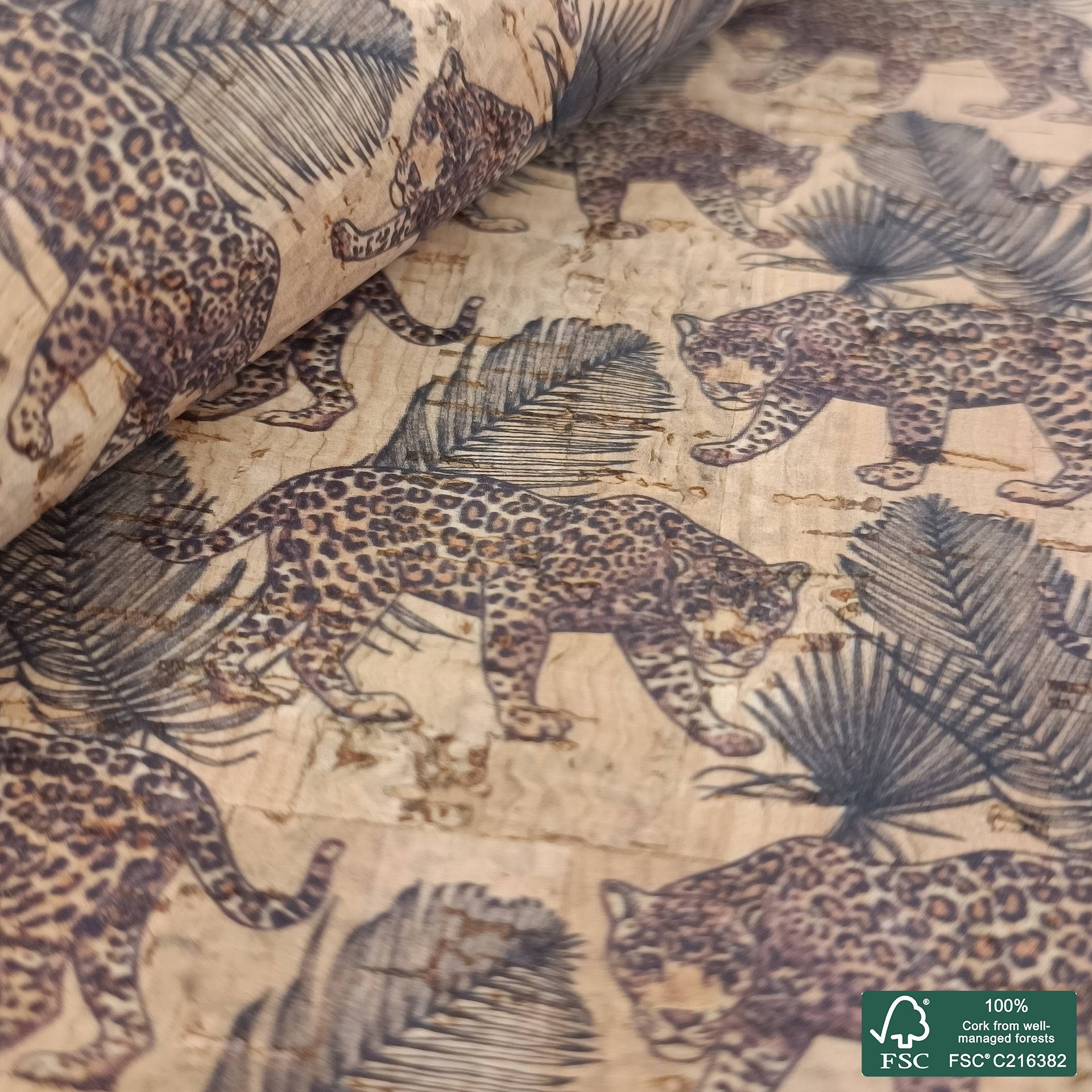 Leopard printed pattern on natural cork fabric (164)