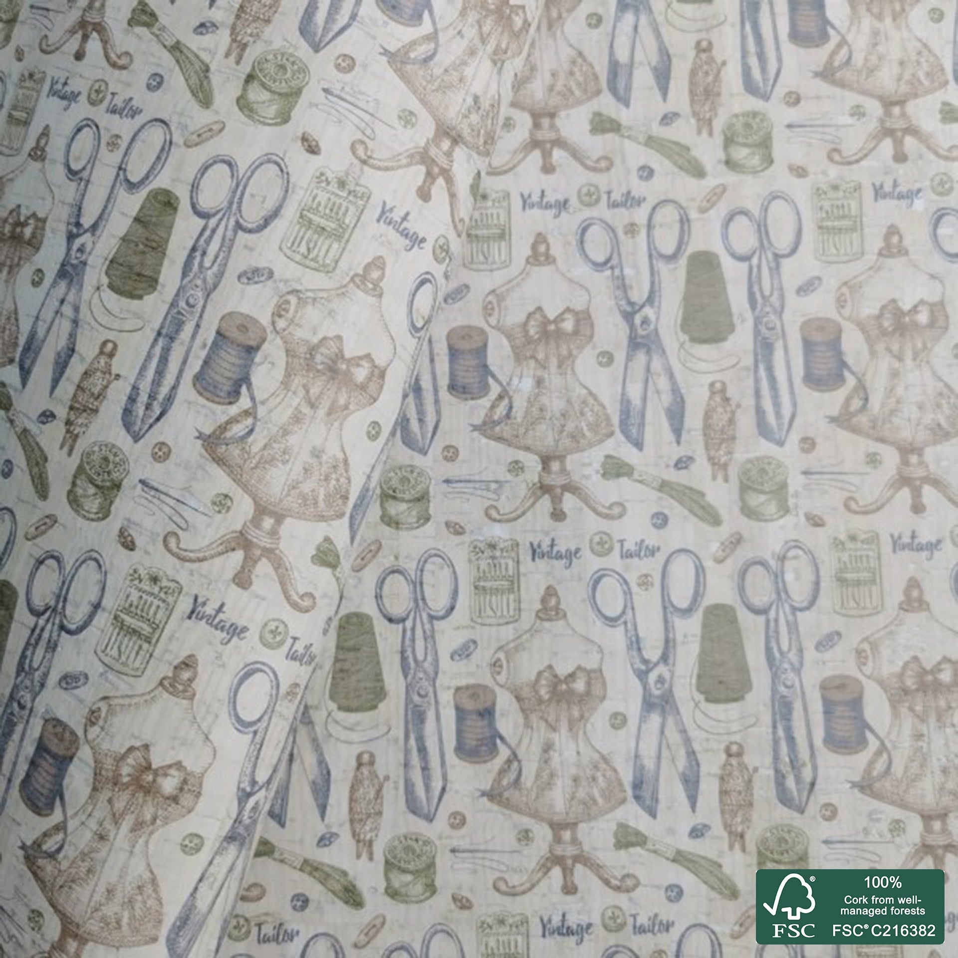 Vintage printed pattern on white cork fabric (167)