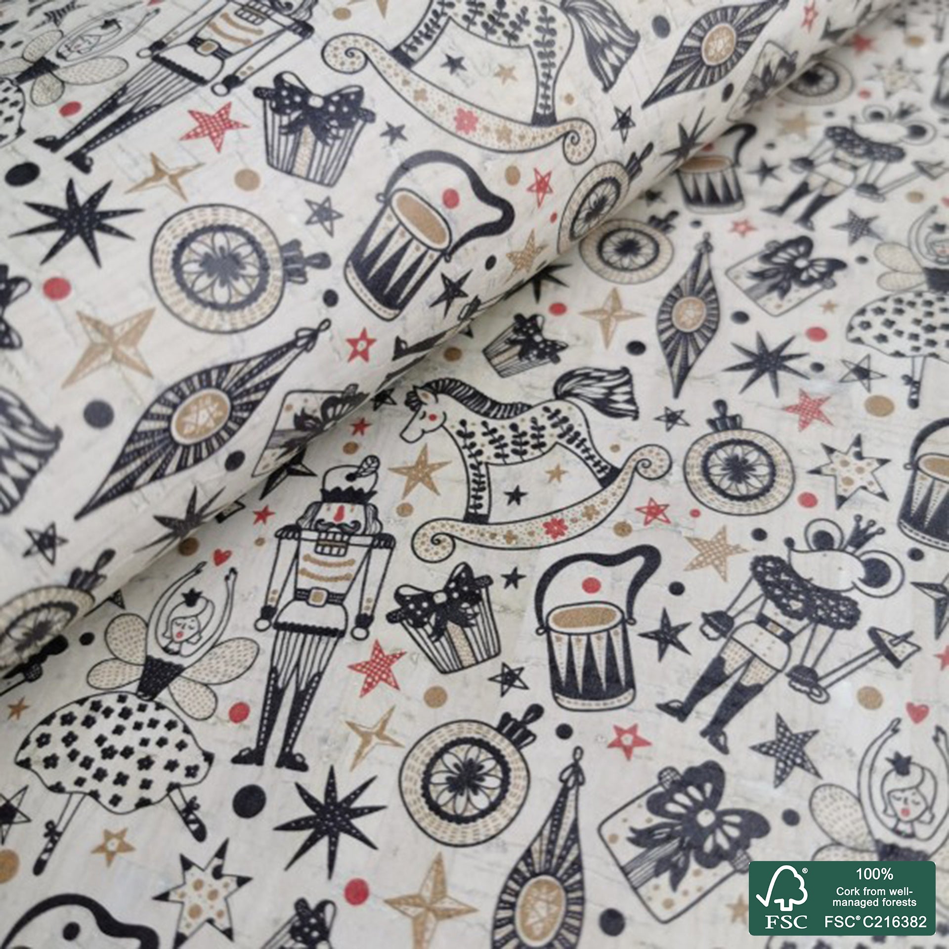 Toys printed pattern on white cork fabric (169)