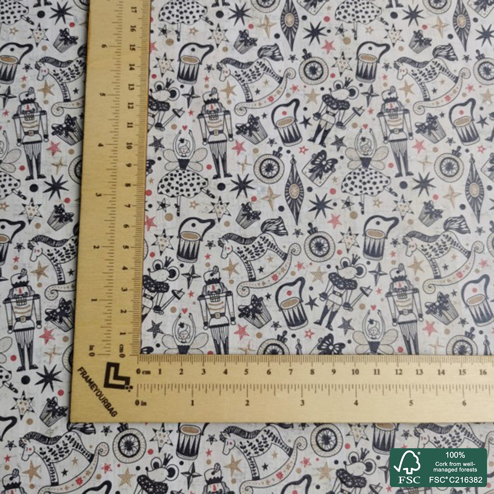Toys printed pattern on white cork fabric (169)