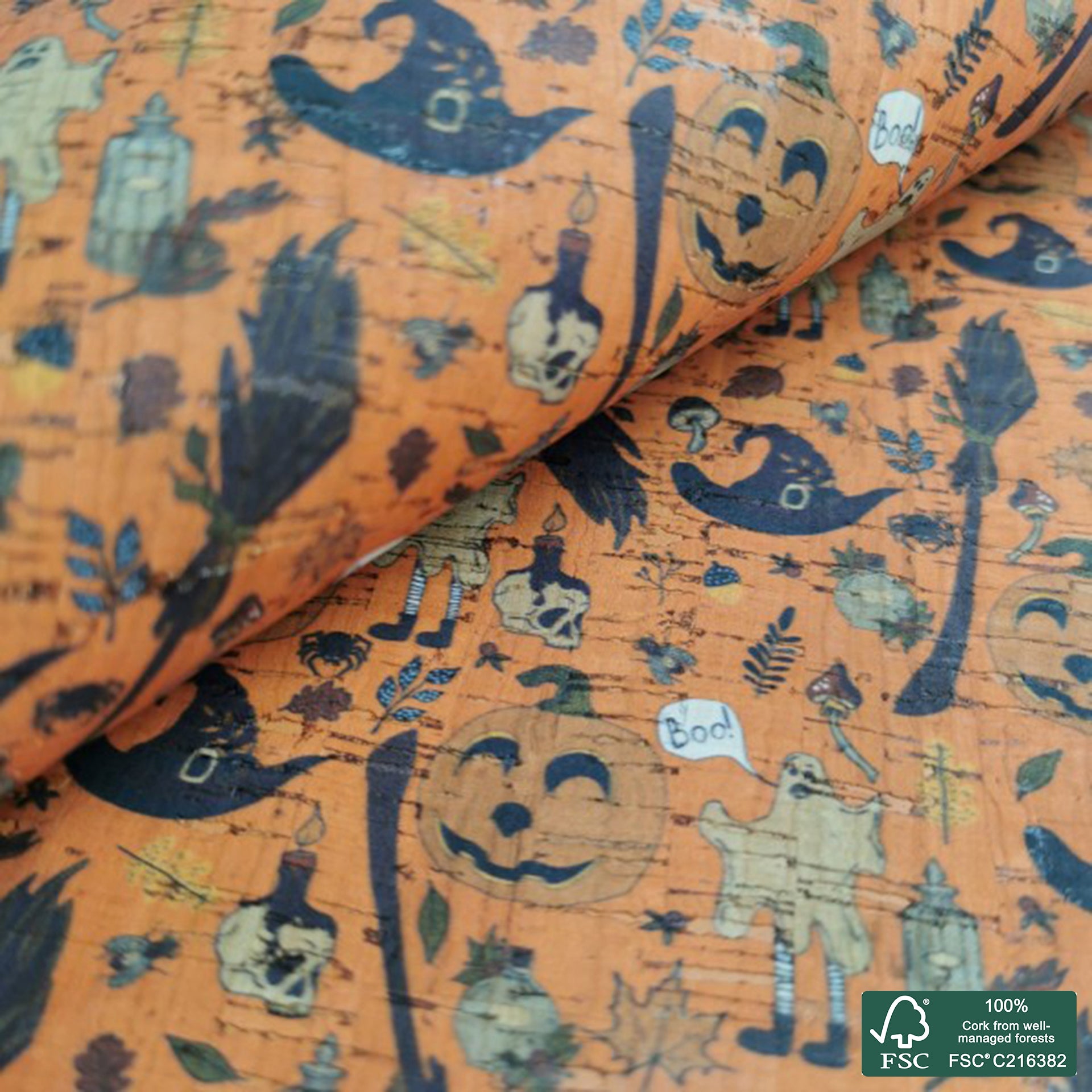 Halloween printed pattern on natural cork fabric (170)