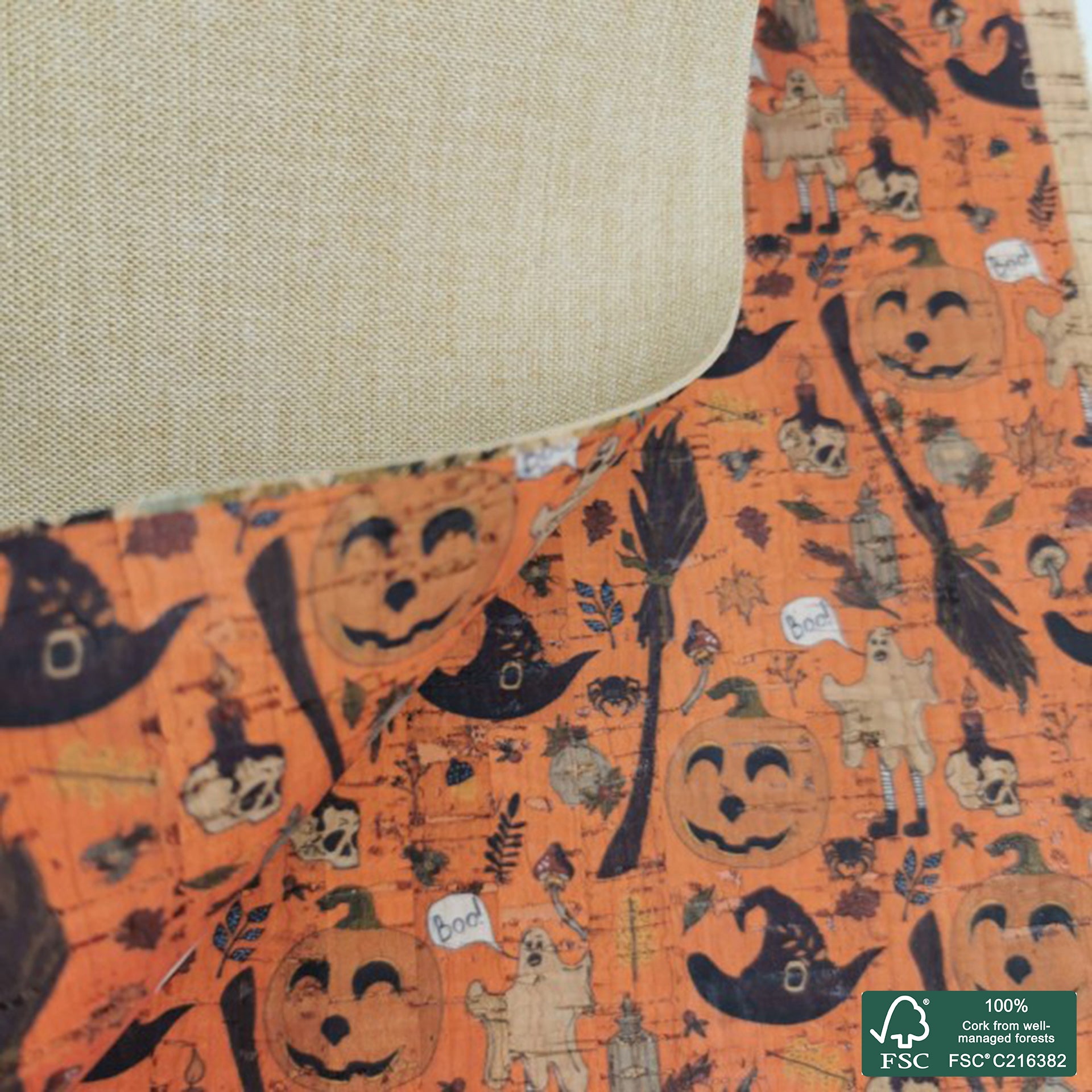 Halloween printed pattern on natural cork fabric (170)