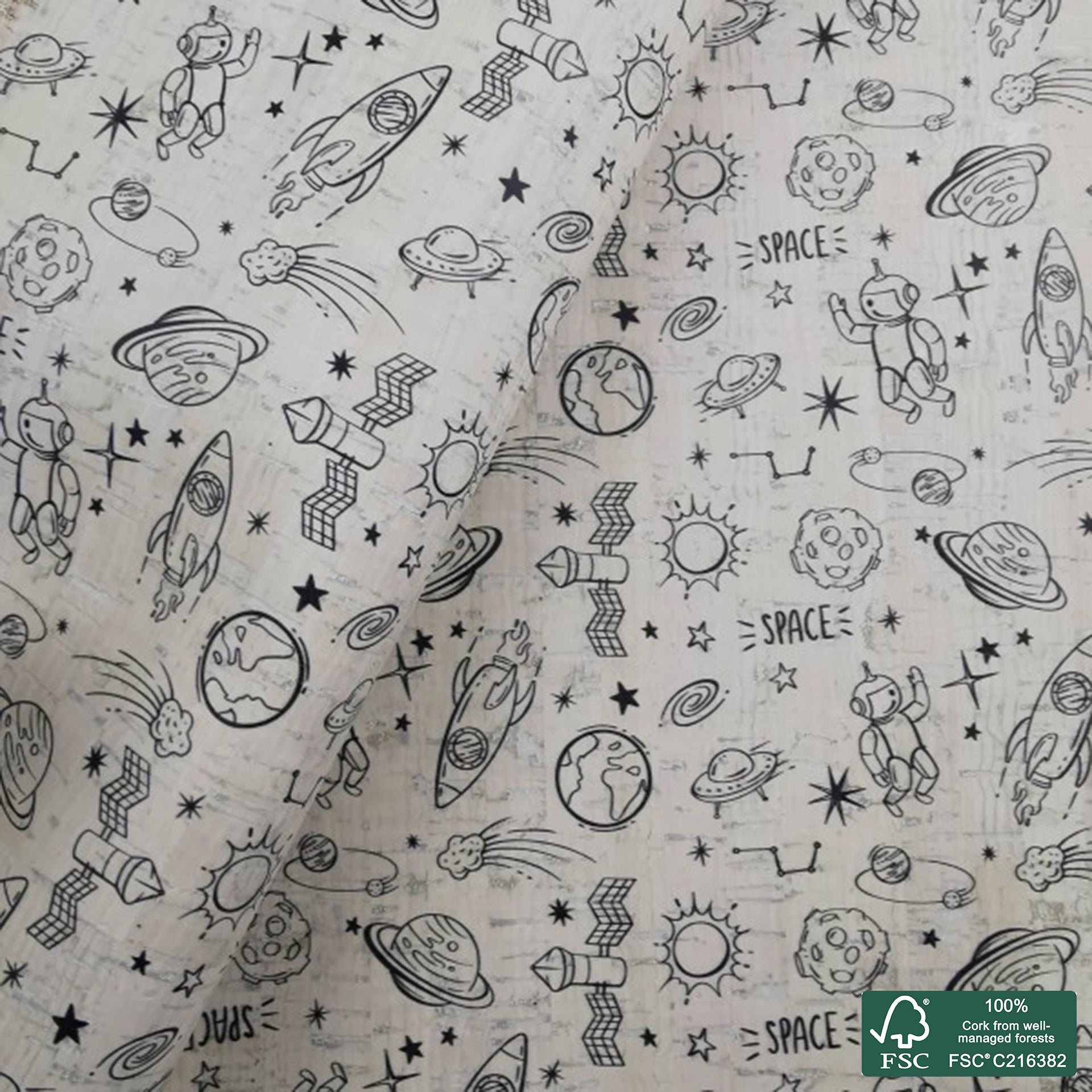 Space printed pattern on white cork fabric (172)
