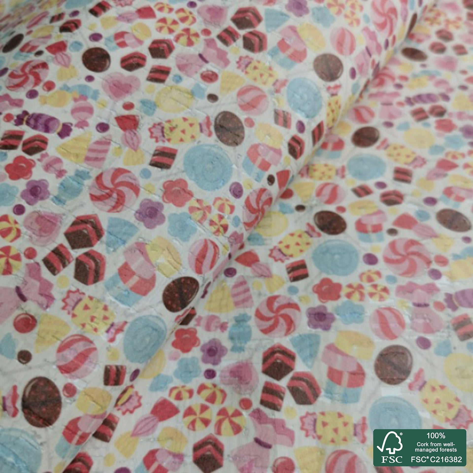 Candy printed pattern on white cork fabric (173)