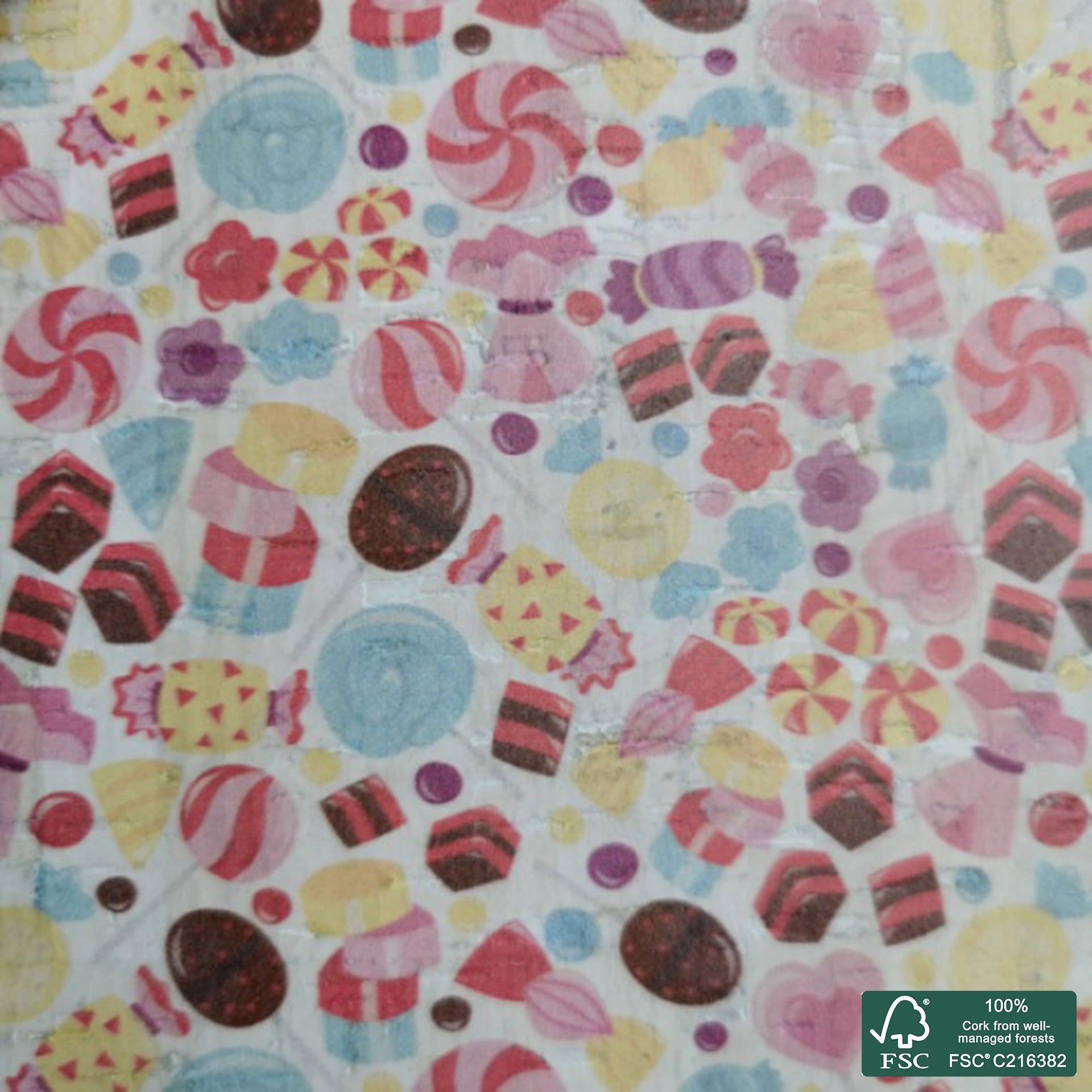 Candy printed pattern on white cork fabric (173)