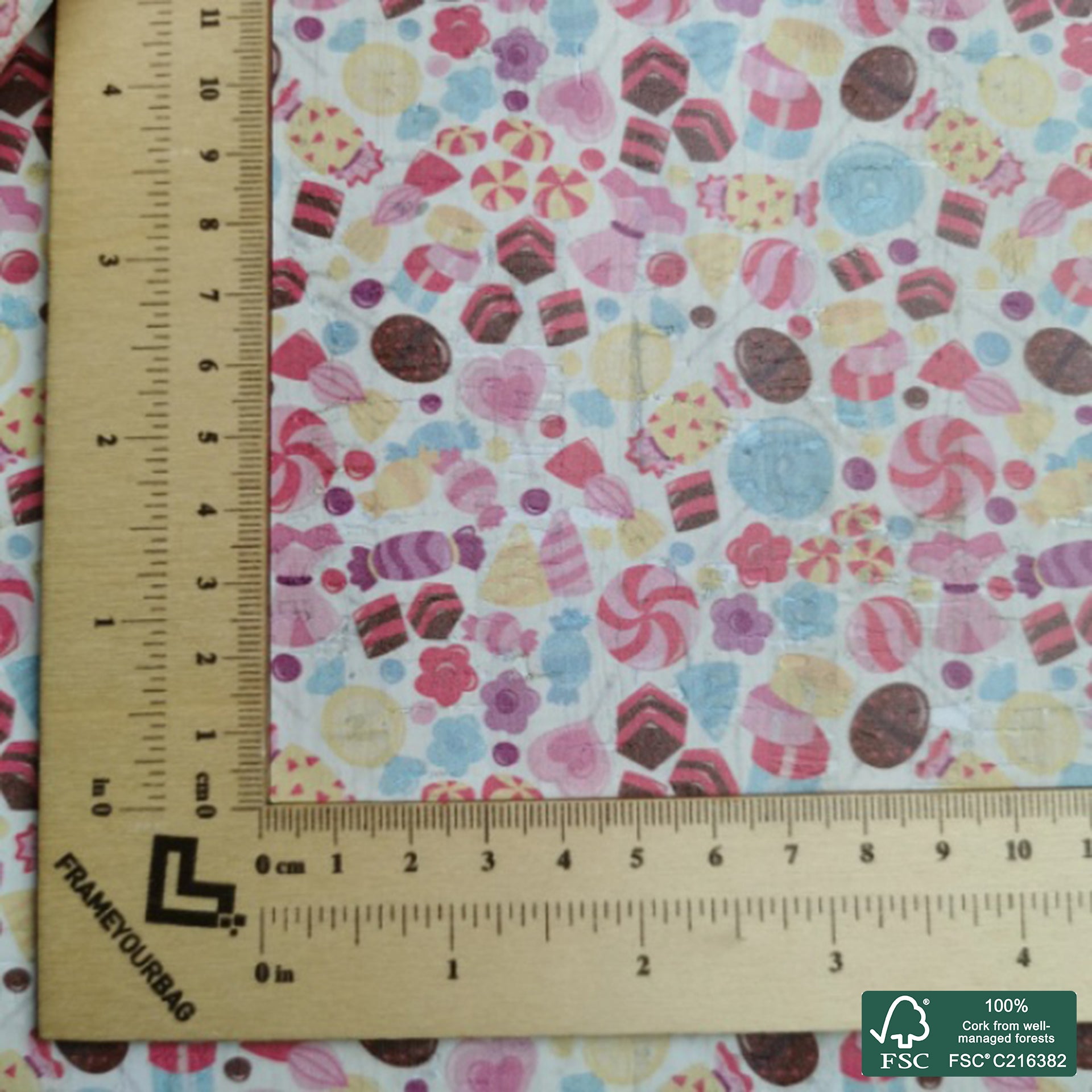 Candy printed pattern on white cork fabric (173)