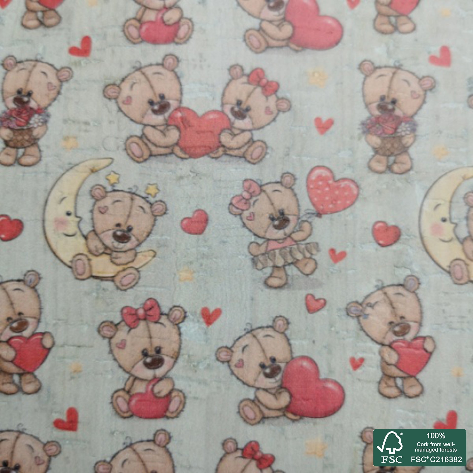 Bear printed pattern on white cork fabric (174)