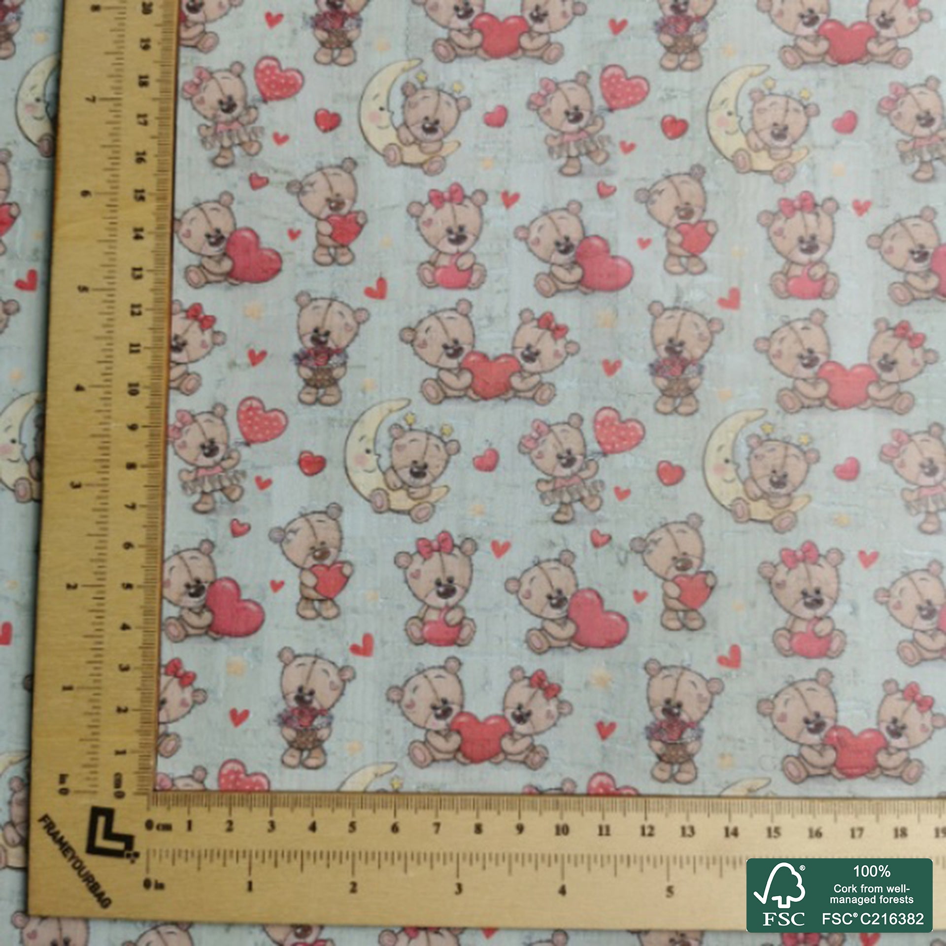 Bear printed pattern on white cork fabric (174)