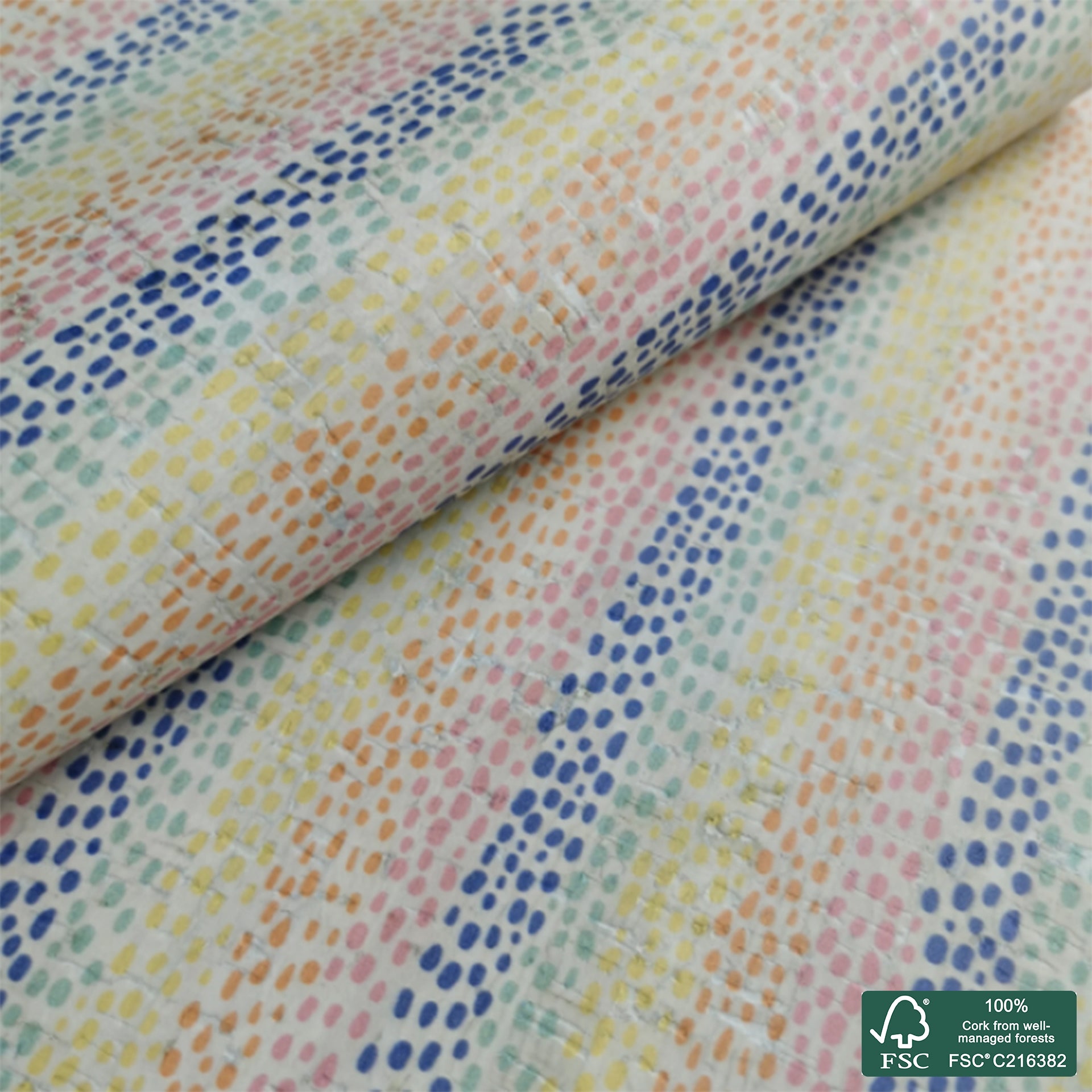 Colorful Dots printed pattern on white cork fabric (177)