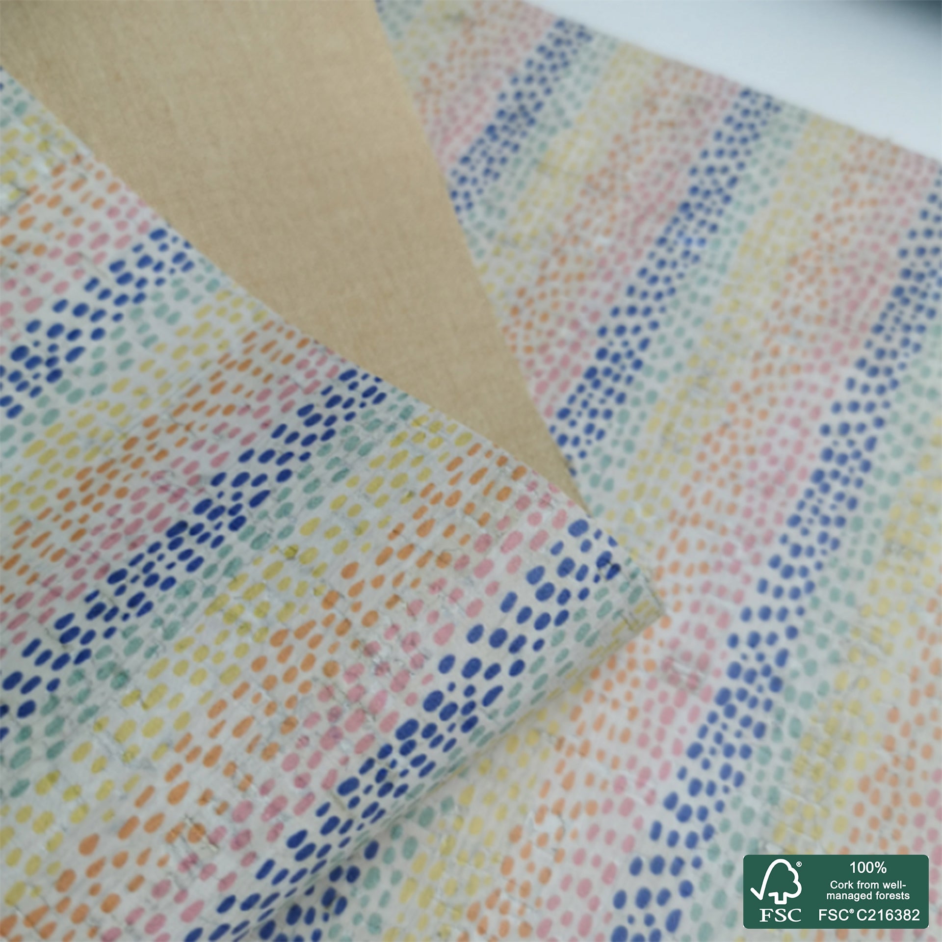 Colorful Dots printed pattern on white cork fabric (177)