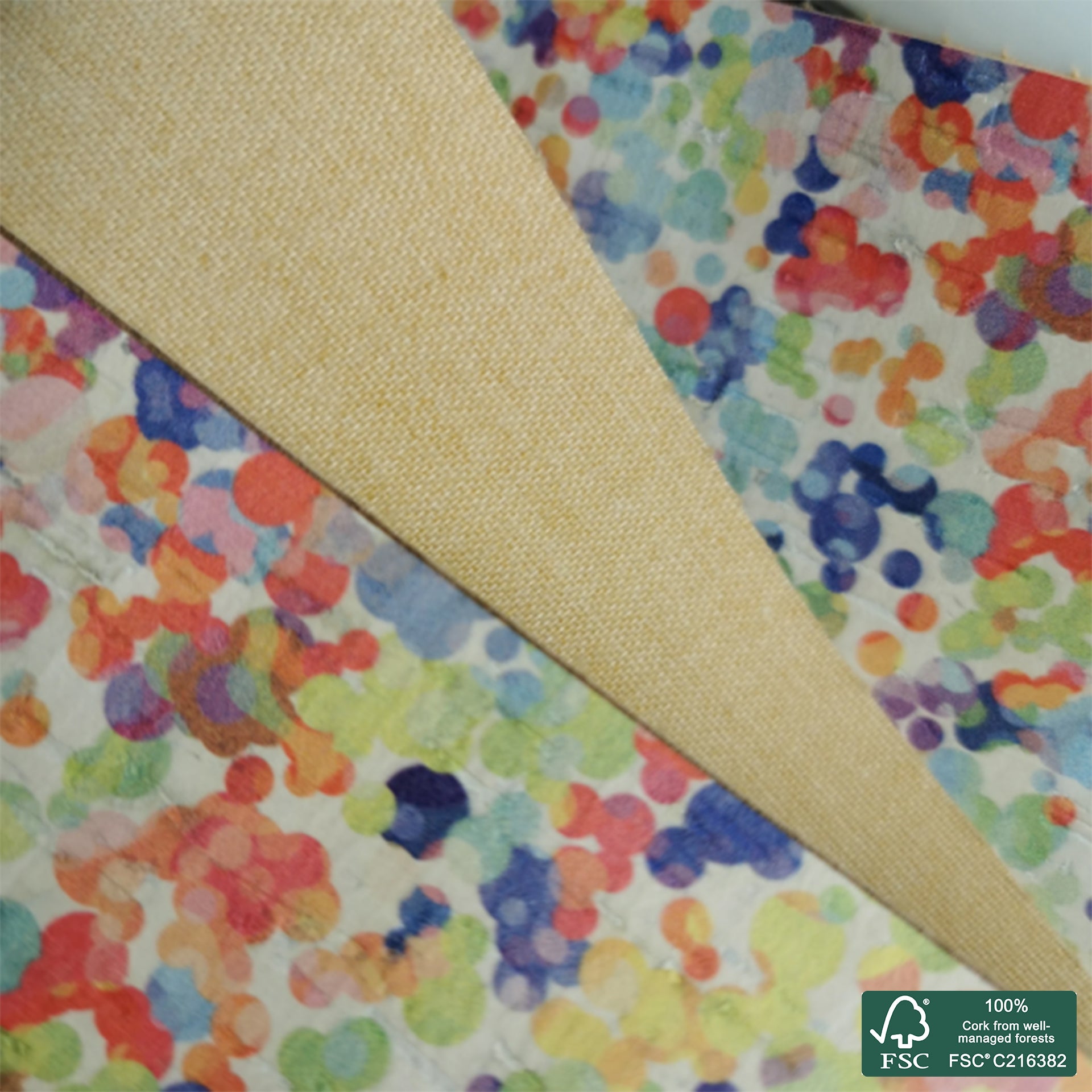 Colorful Dots printed pattern on white cork fabric (178)
