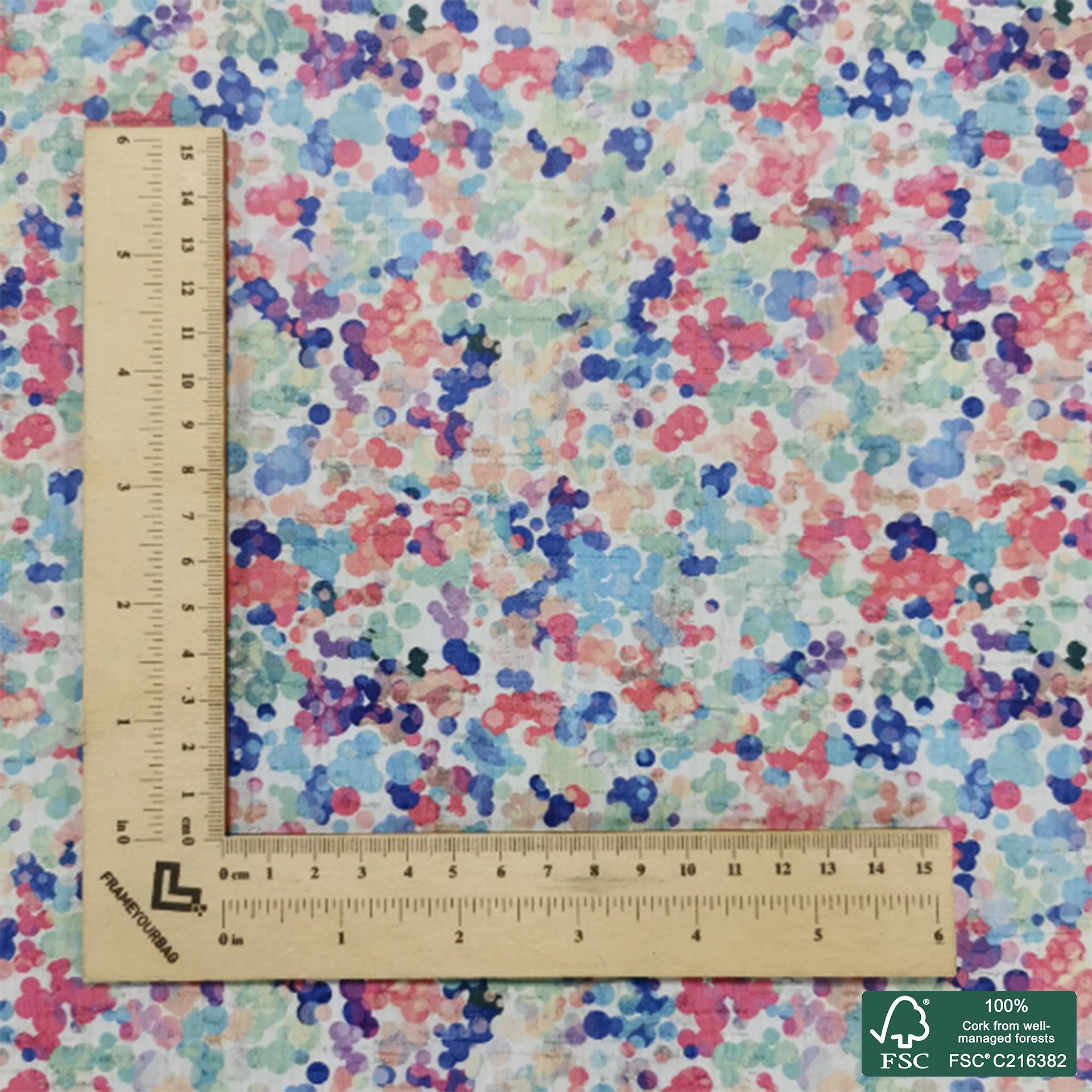 Colorful Dots printed pattern on white cork fabric (178)