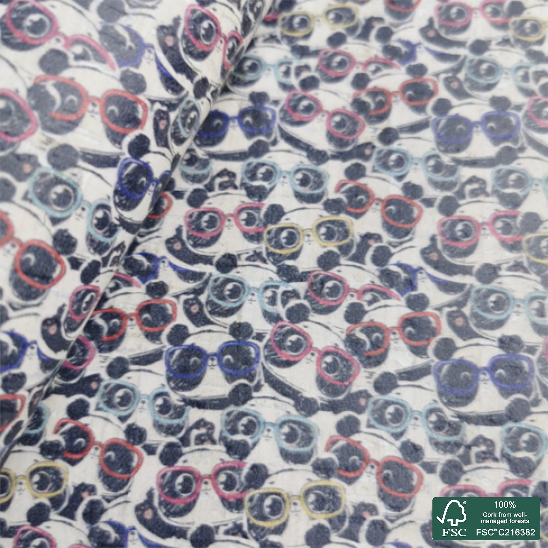 Panda printed pattern on white cork fabric (179)