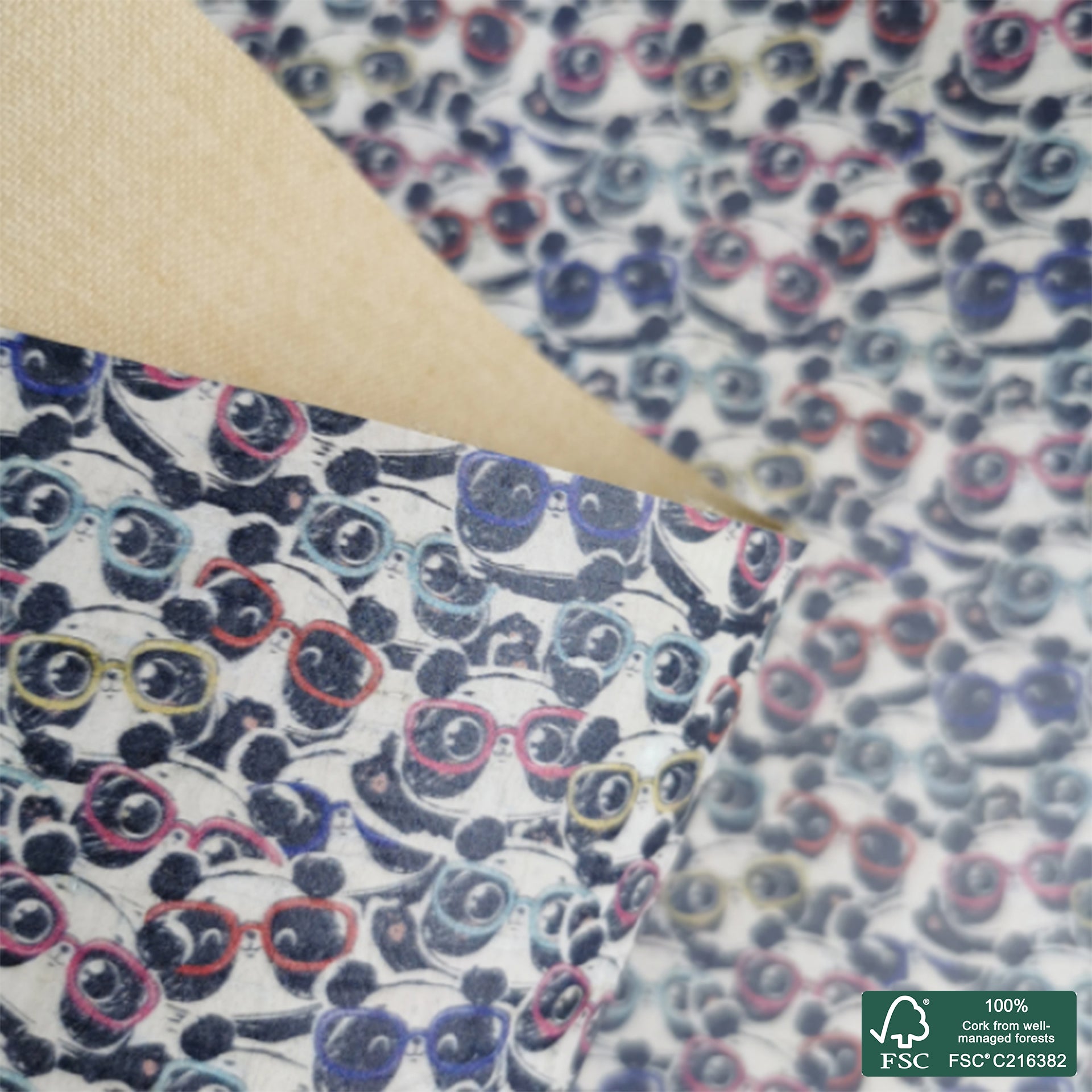 Panda printed pattern on white cork fabric (179)