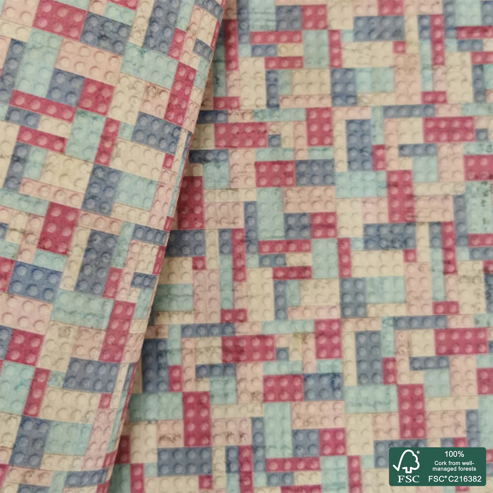 Bricks printed pattern on white cork fabric (184)