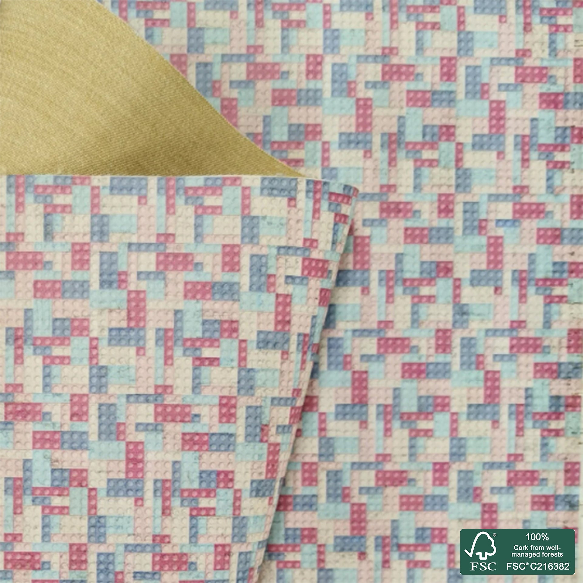Bricks printed pattern on white cork fabric (184)